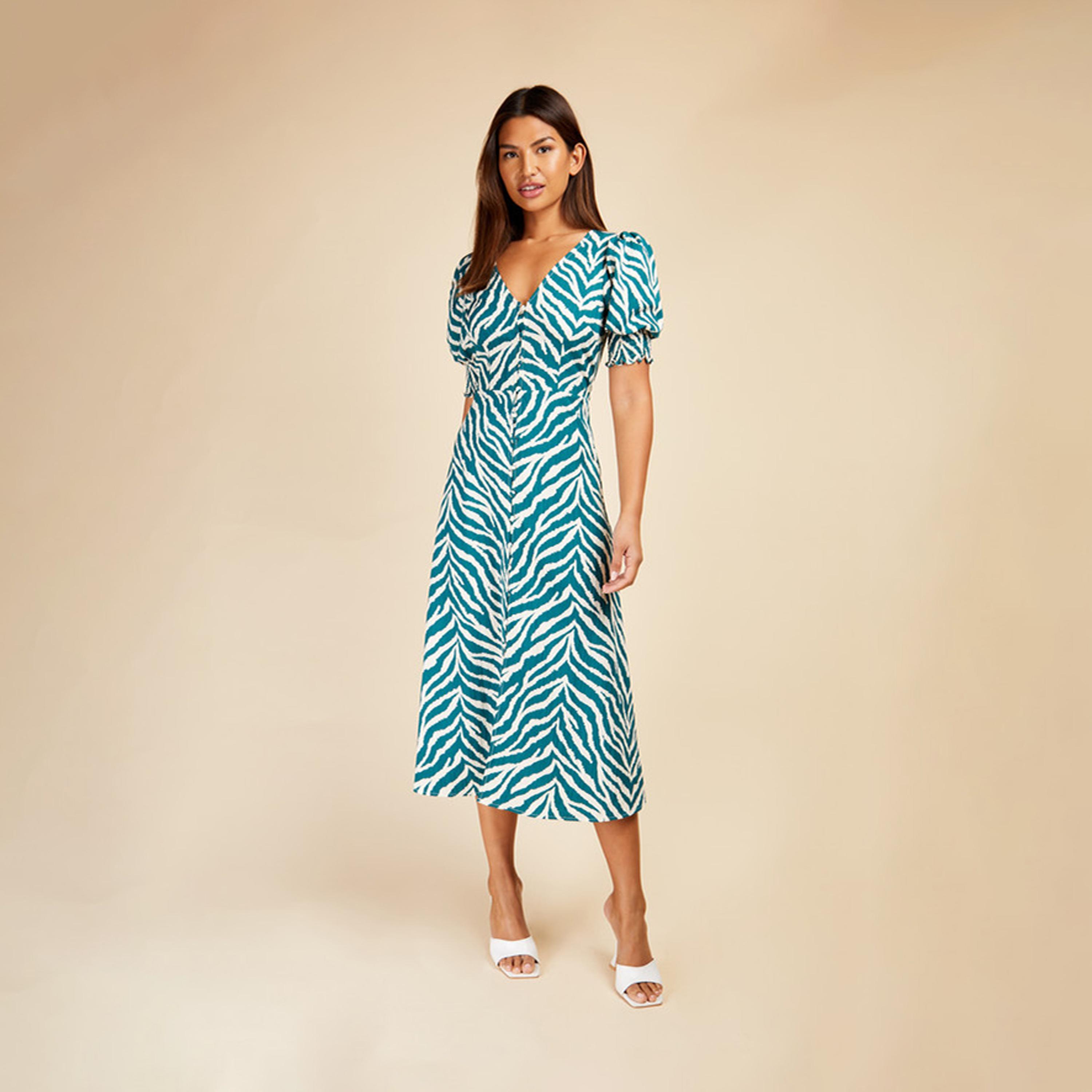 Little Mistress Animal Print V-neck A-line Midi Dress with Short Sleeves-women-clothing-dresses-image-2