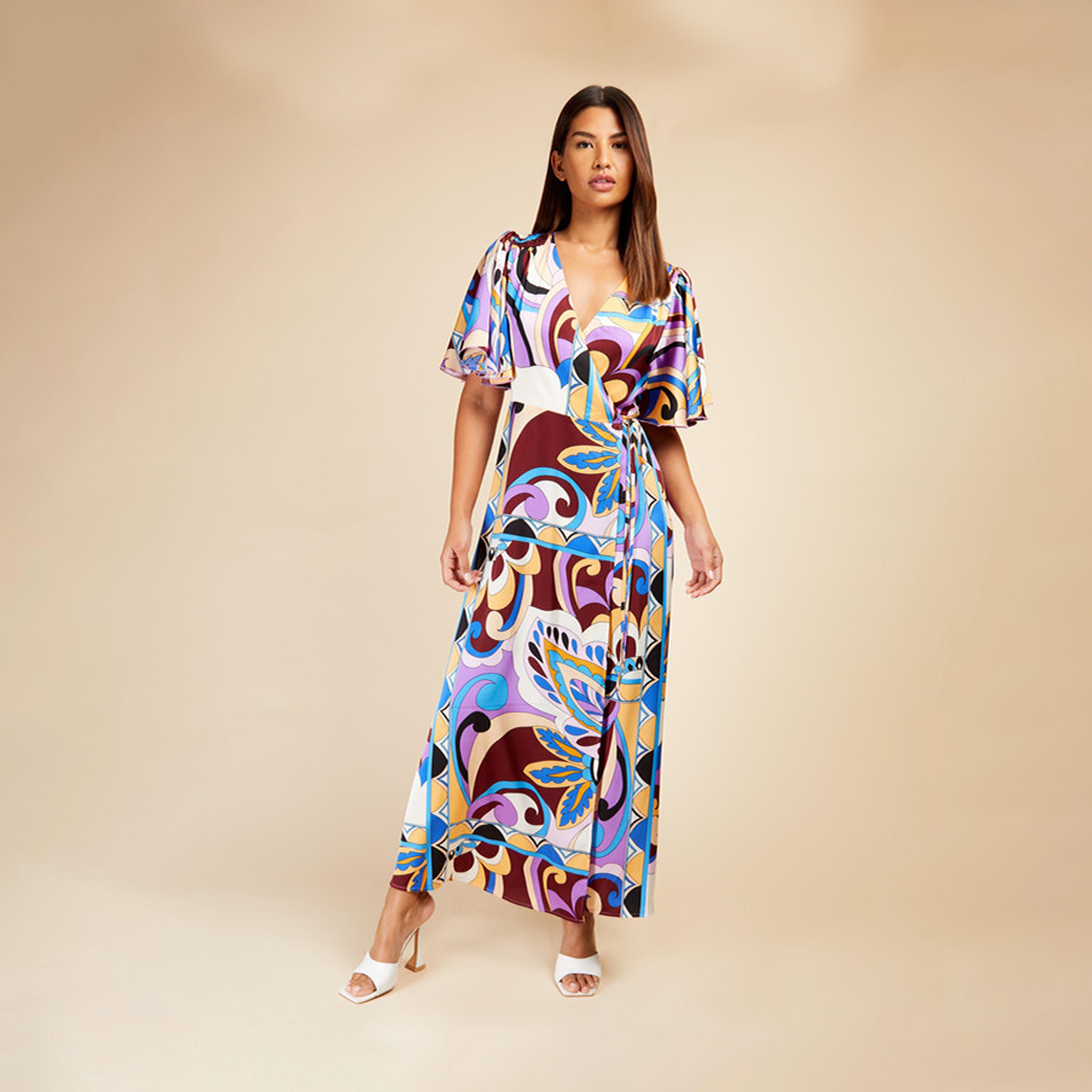 ليتل مسترس- فستان ماكسي ملفوف ياقة على شكل V تصميم منقوش أكمام قصيرة-women-clothing-dresses-image-1