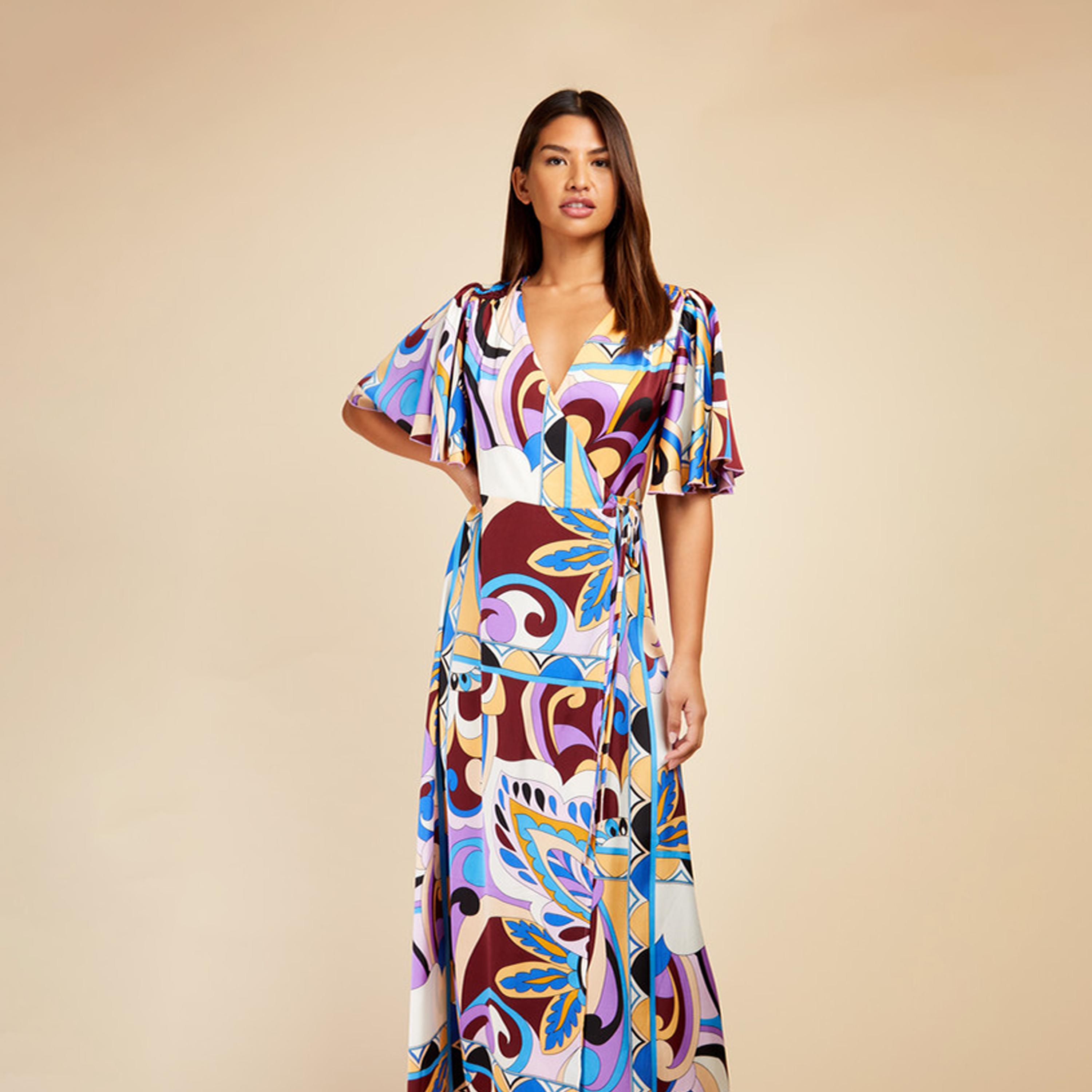 ليتل مسترس- فستان ماكسي ملفوف ياقة على شكل V تصميم منقوش أكمام قصيرة-women-clothing-dresses-image-2