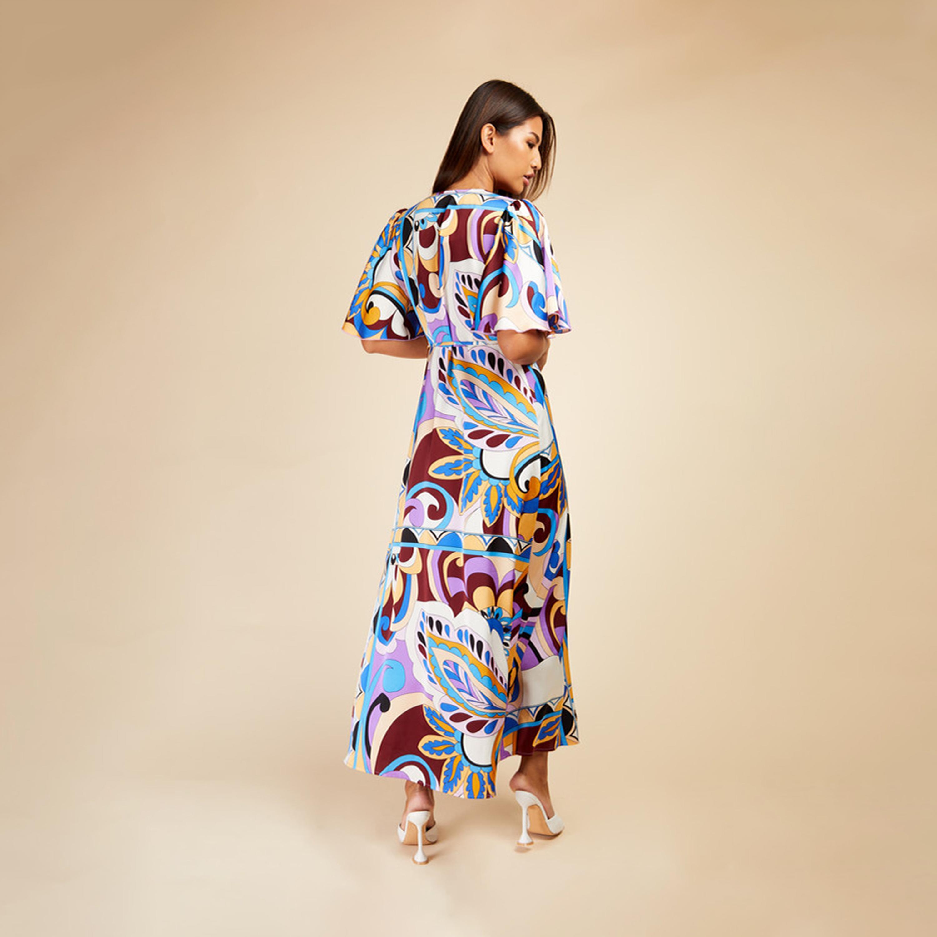 ليتل مسترس- فستان ماكسي ملفوف ياقة على شكل V تصميم منقوش أكمام قصيرة-women-clothing-dresses-image-4