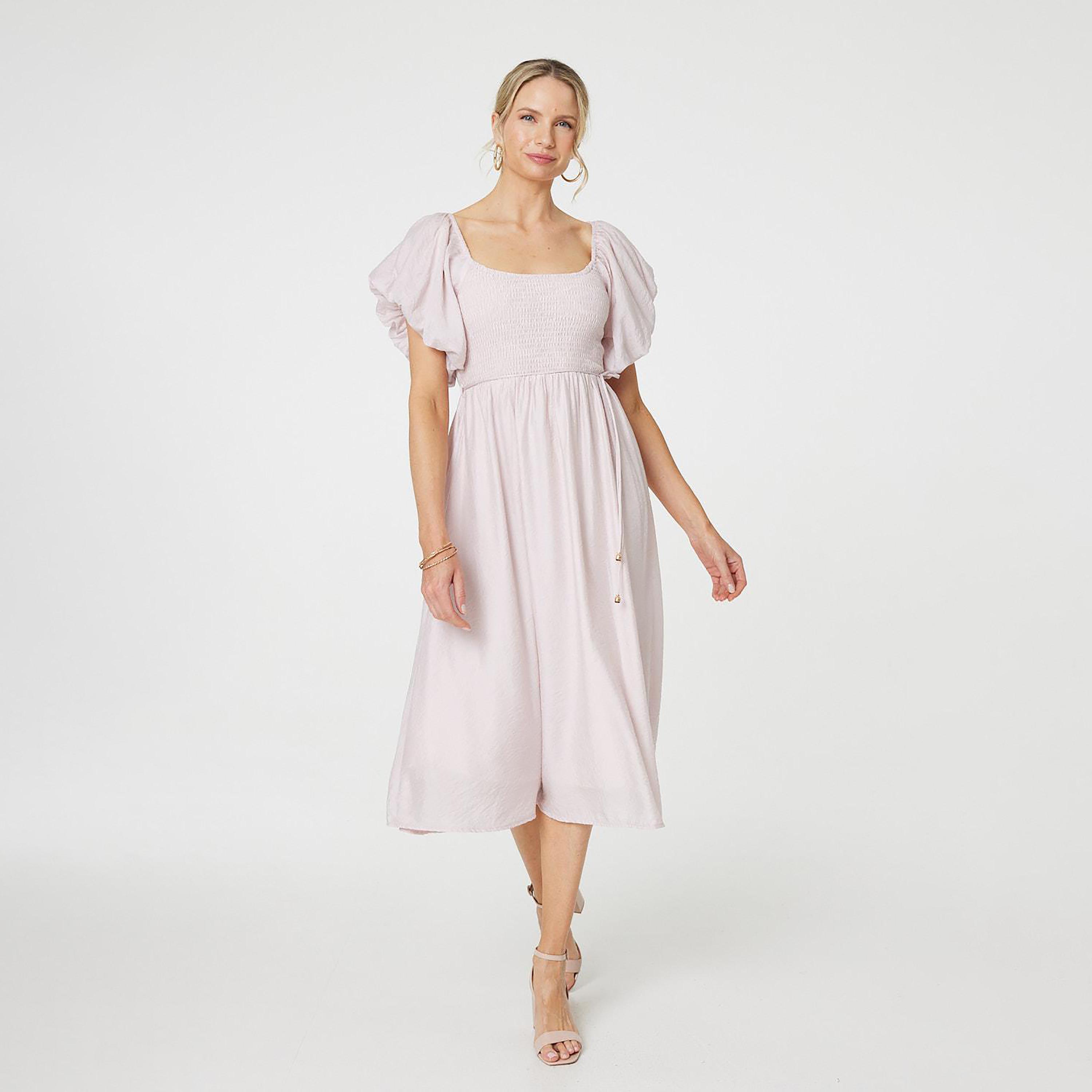 Izabel London Pink Smocked Puff Sleeves Women's Midi Dress-women-clothing-dresses-image-1