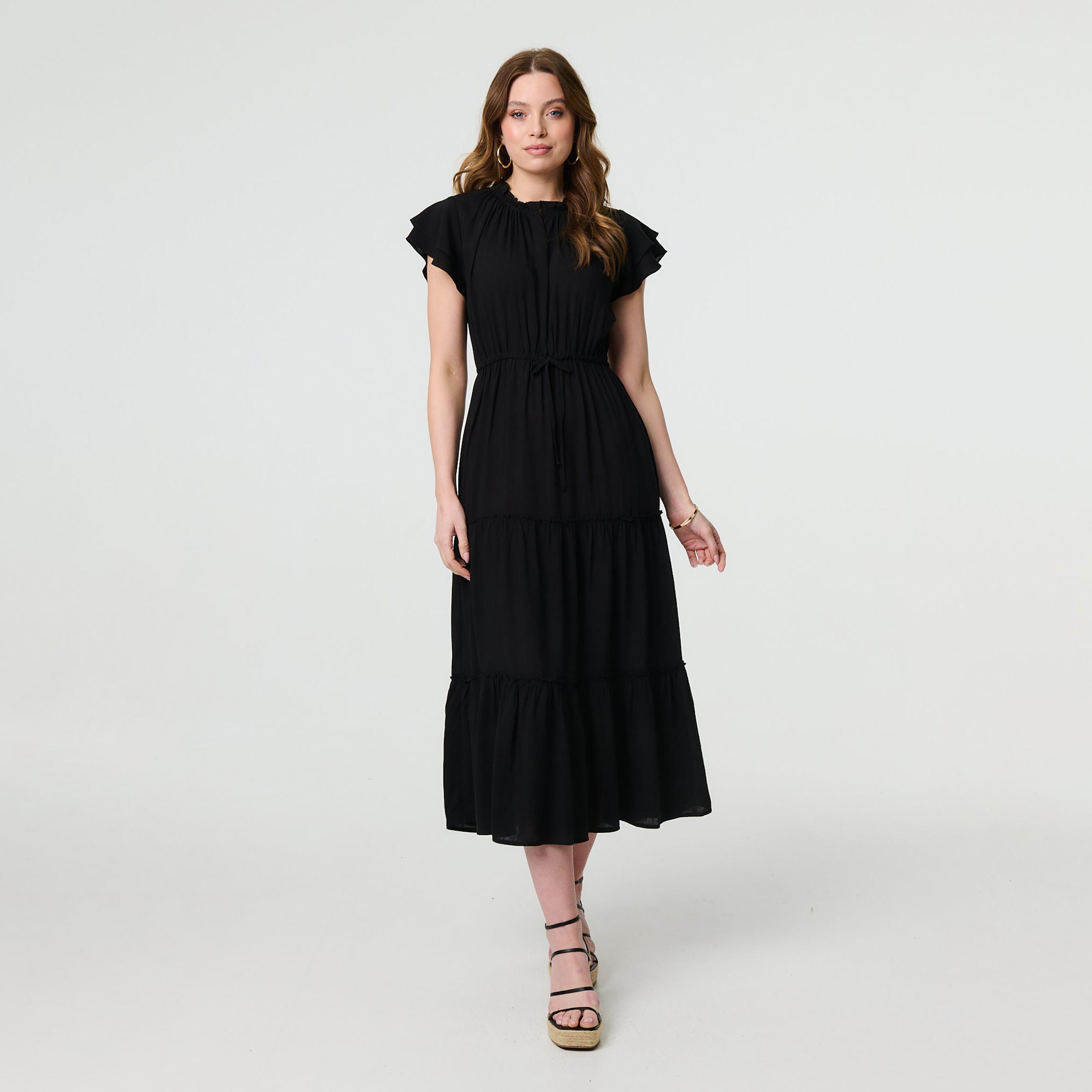 Izabel London Black High Neck Flutter Sleeves Tiered Women's Midi Dress-women-clothing-dresses-image-1