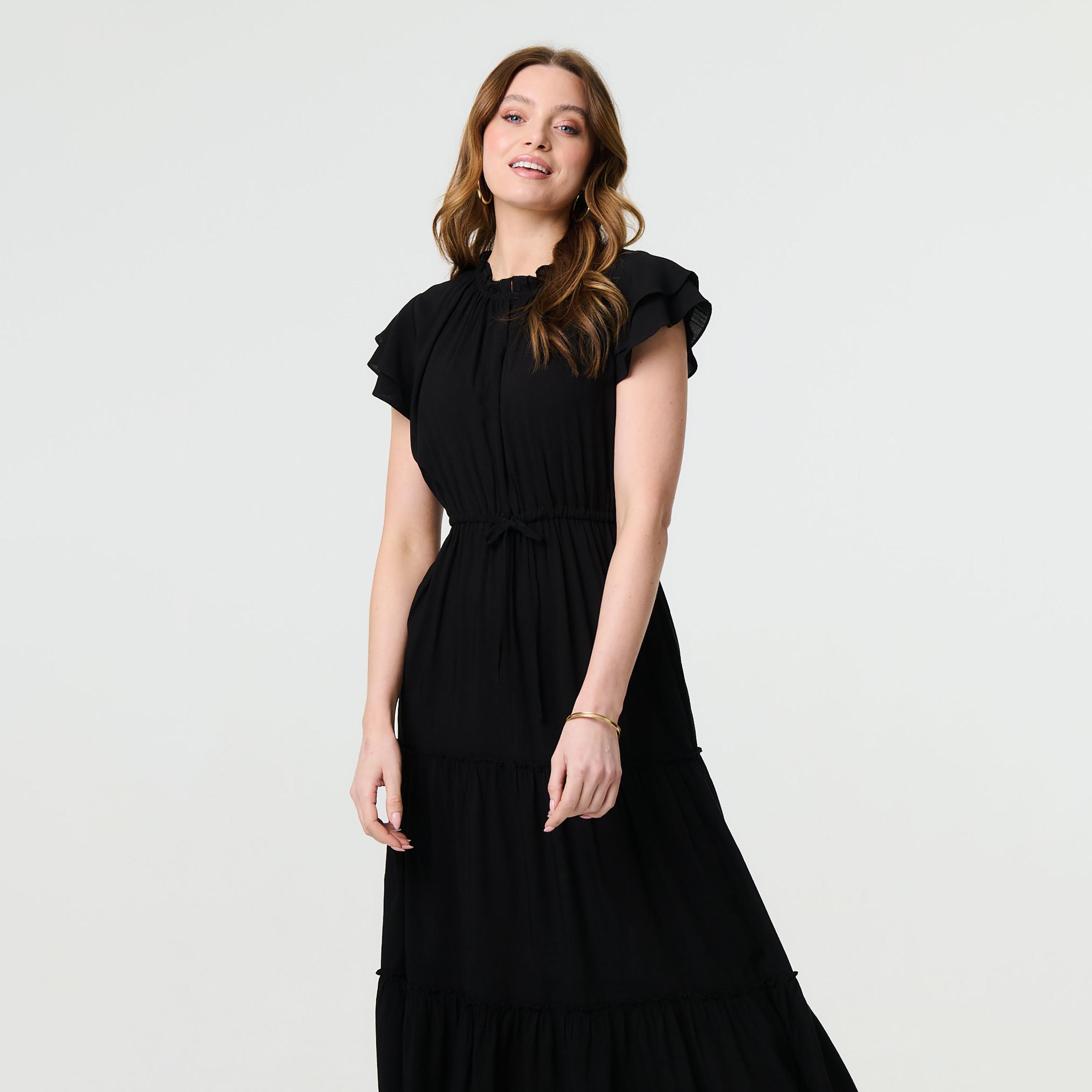 Izabel London Black High Neck Flutter Sleeves Tiered Women's Midi Dress-women-clothing-dresses-image-2