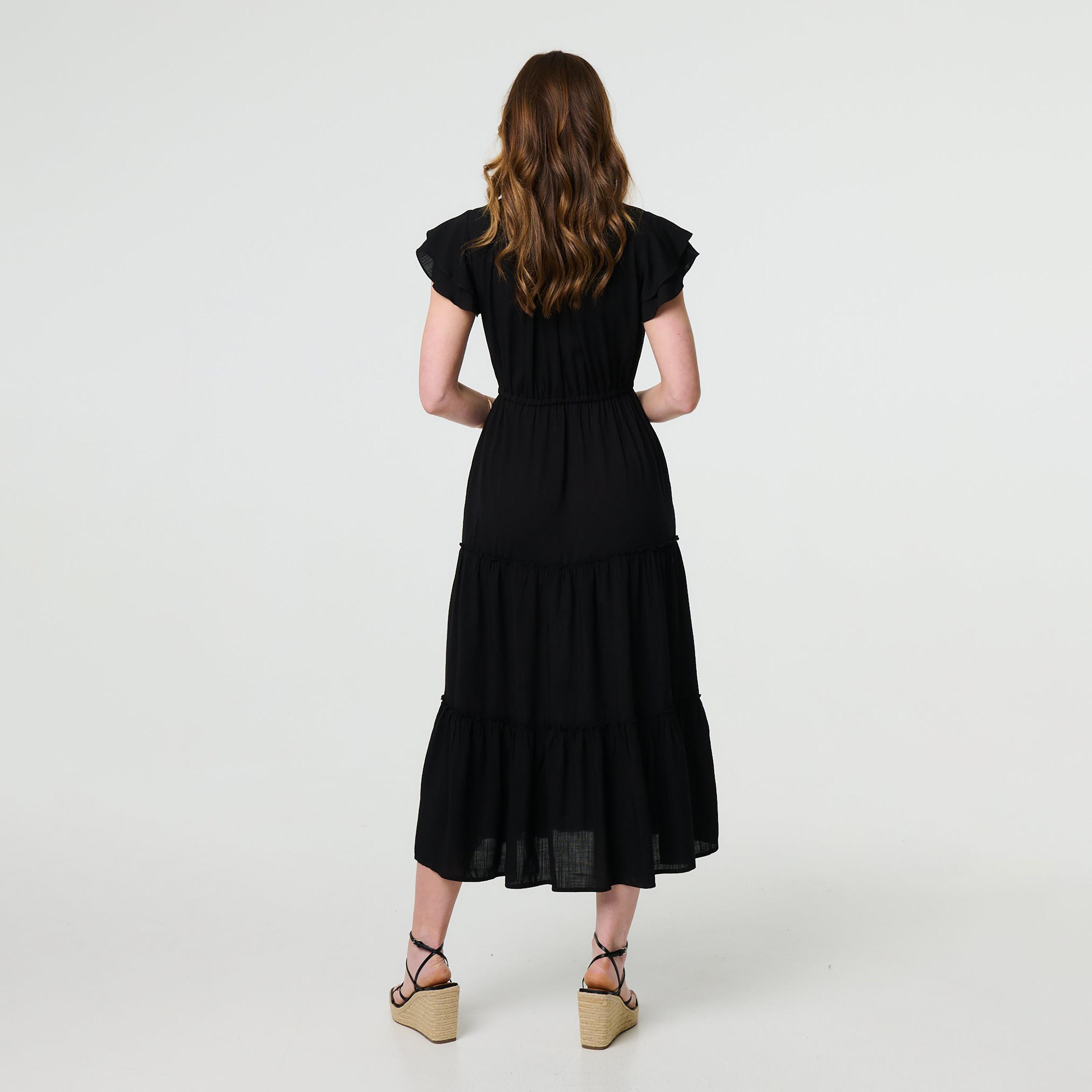 Izabel London Black High Neck Flutter Sleeves Tiered Women's Midi Dress-women-clothing-dresses-image-3