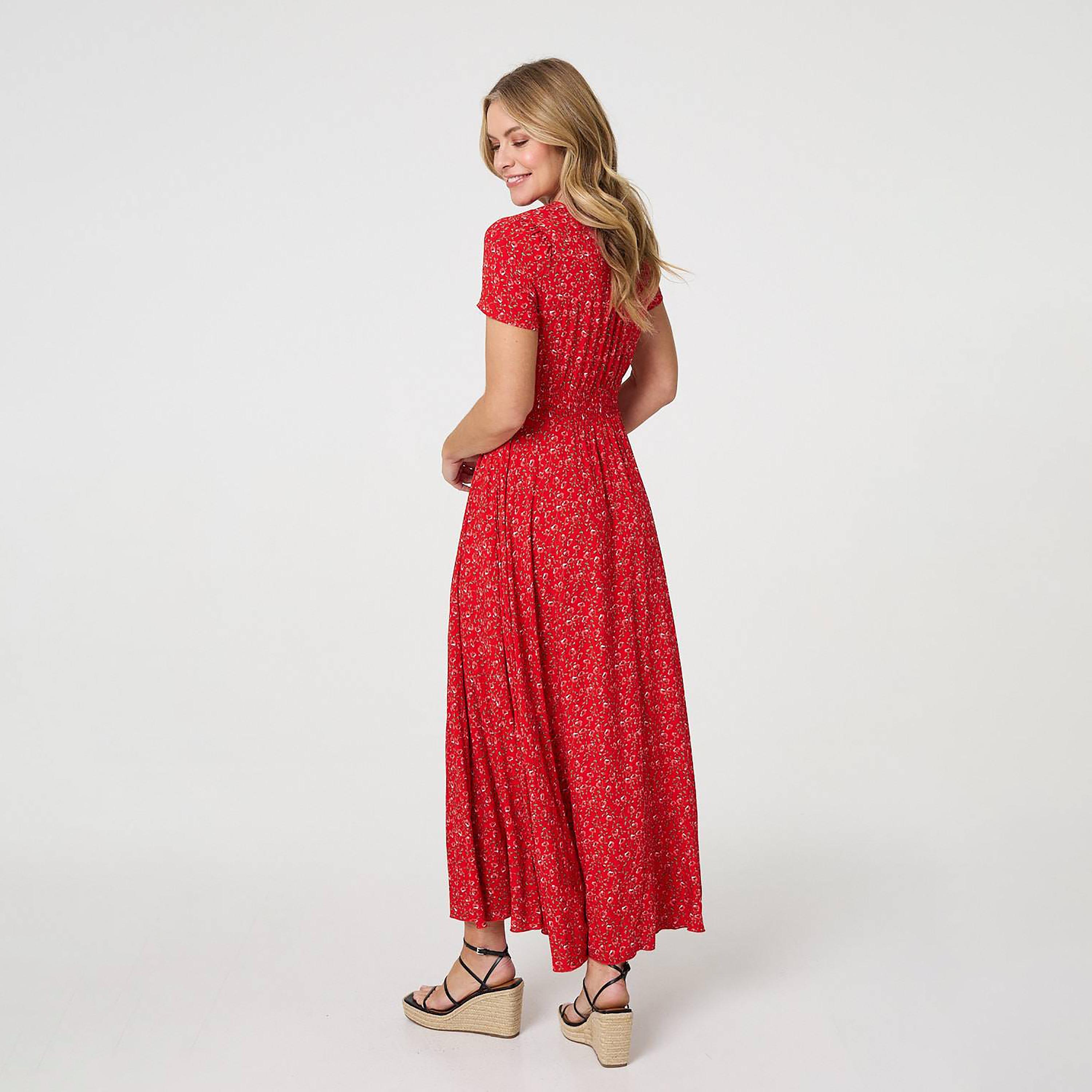 فستان ماكسي "فيت آند فلير" واسع بطبعة زهور بلون أحمر من إيزابيل لندن-women-clothing-dresses-image-3