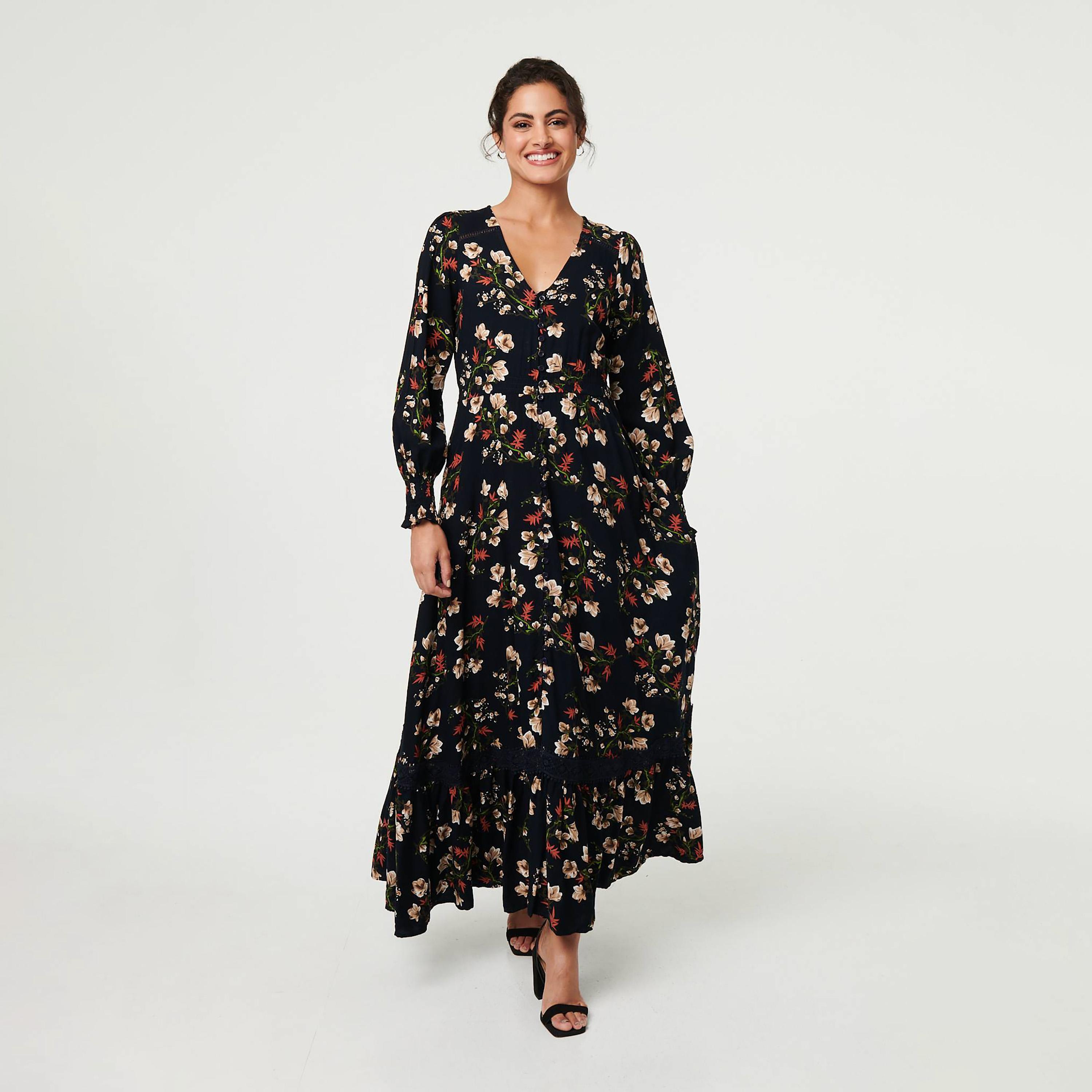 Izabel London Floral Print Balloon Sleeves Fit & Flared Slit Women's Maxi Dress-women-clothing-dresses-image-6