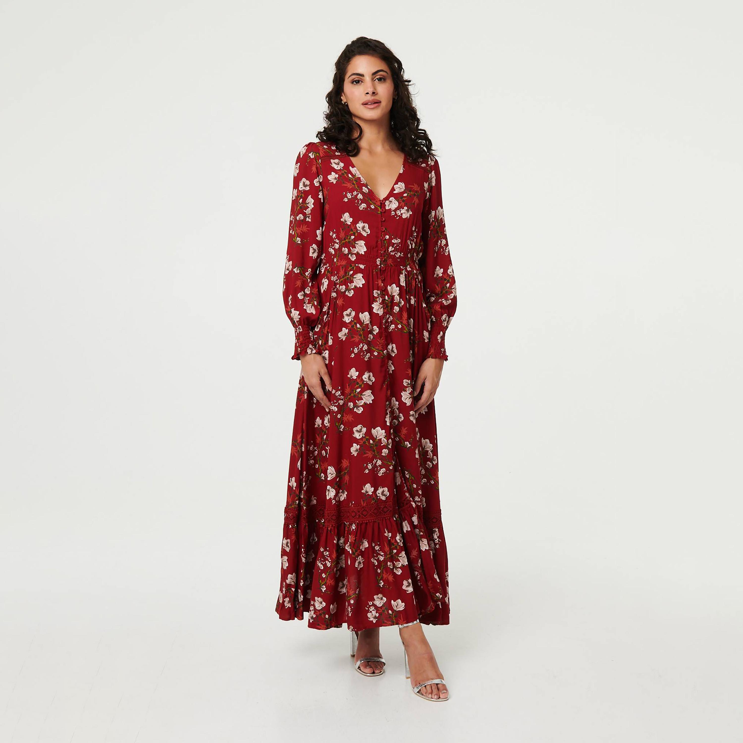 Izabel London Floral Print Balloon Sleeves Fit & Flared Slit Women's Maxi Dress-women-clothing-dresses-image-1