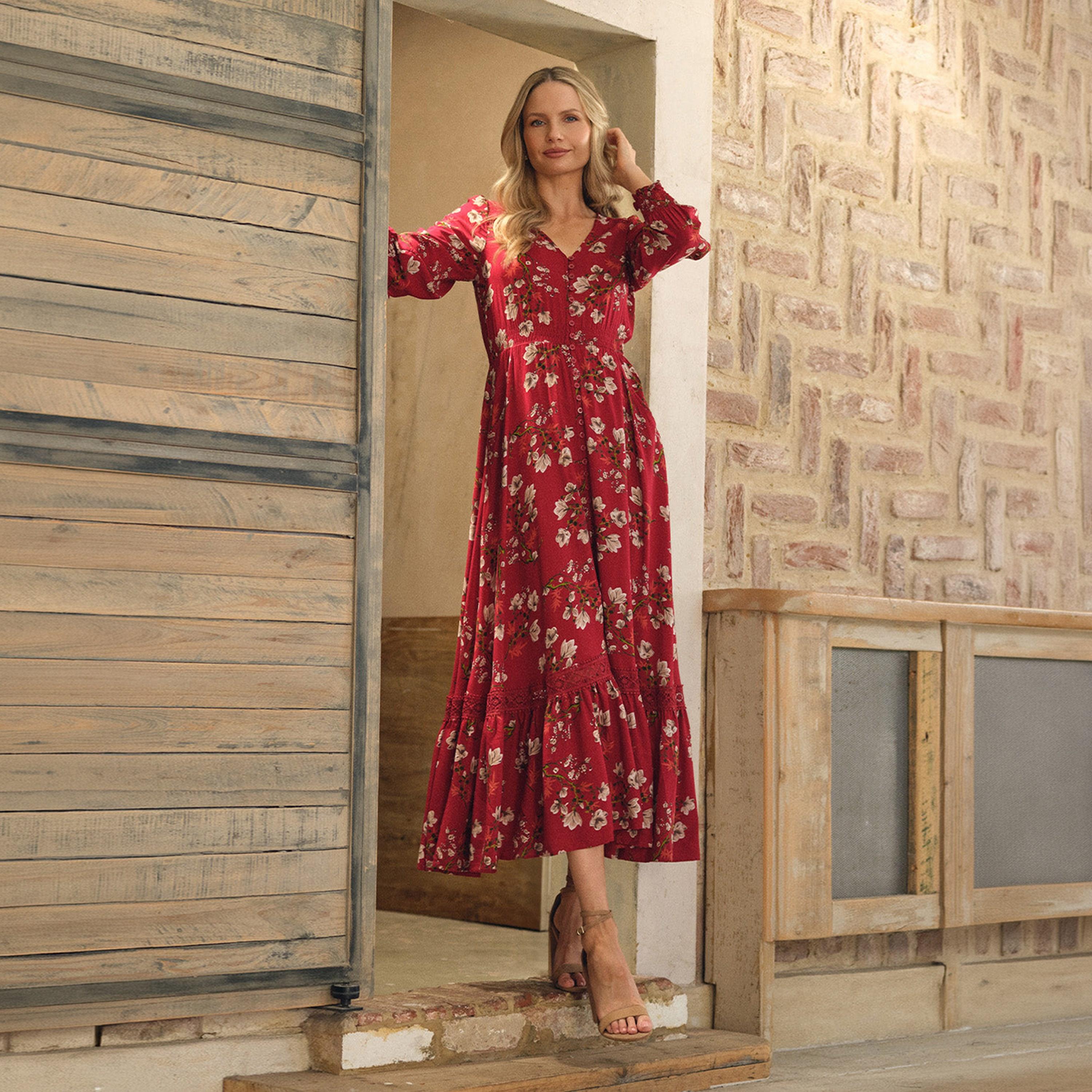 Izabel London Floral Print Balloon Sleeves Fit & Flared Slit Women's Maxi Dress-women-clothing-dresses-image-2