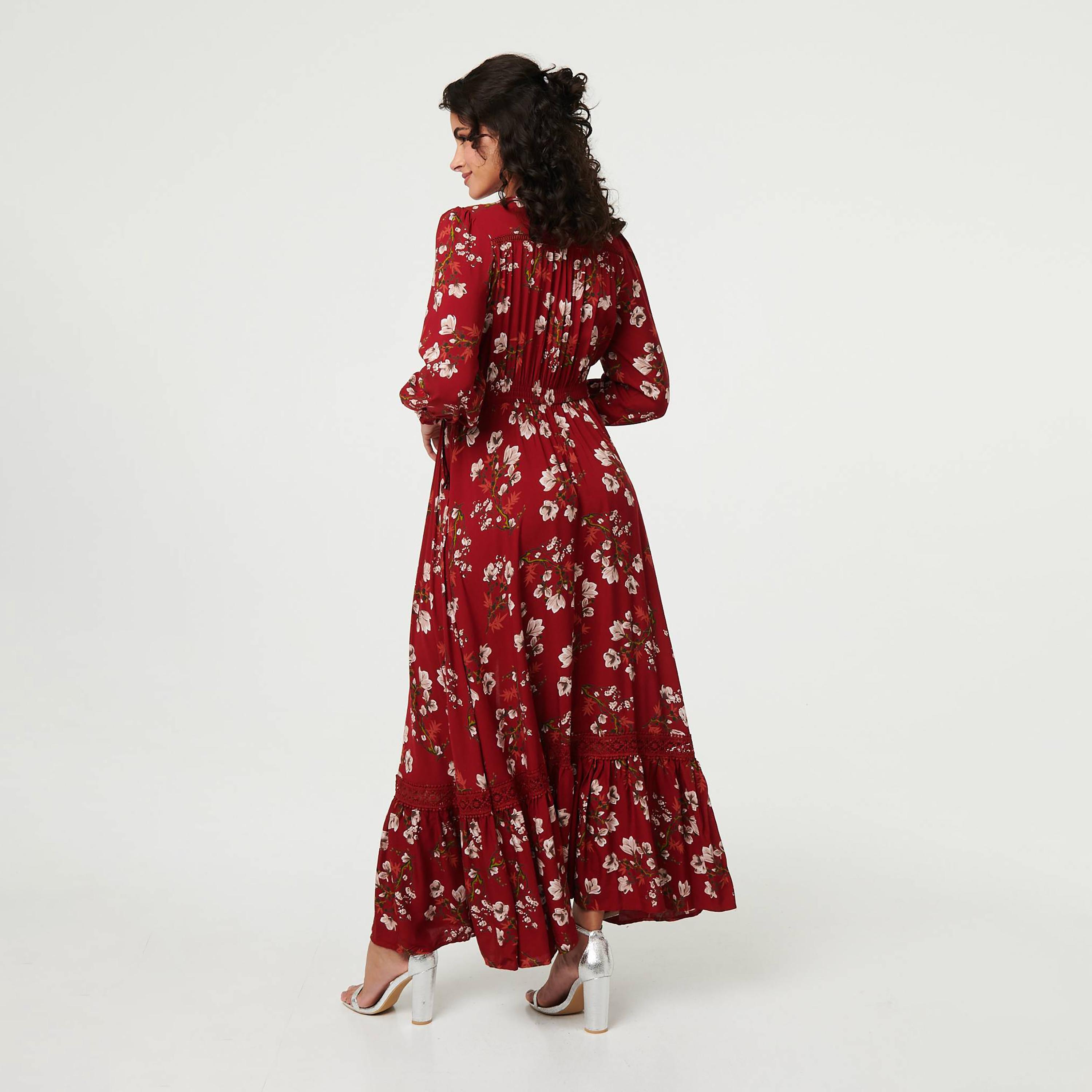 Izabel London Floral Print Balloon Sleeves Fit & Flared Slit Women's Maxi Dress-women-clothing-dresses-image-4