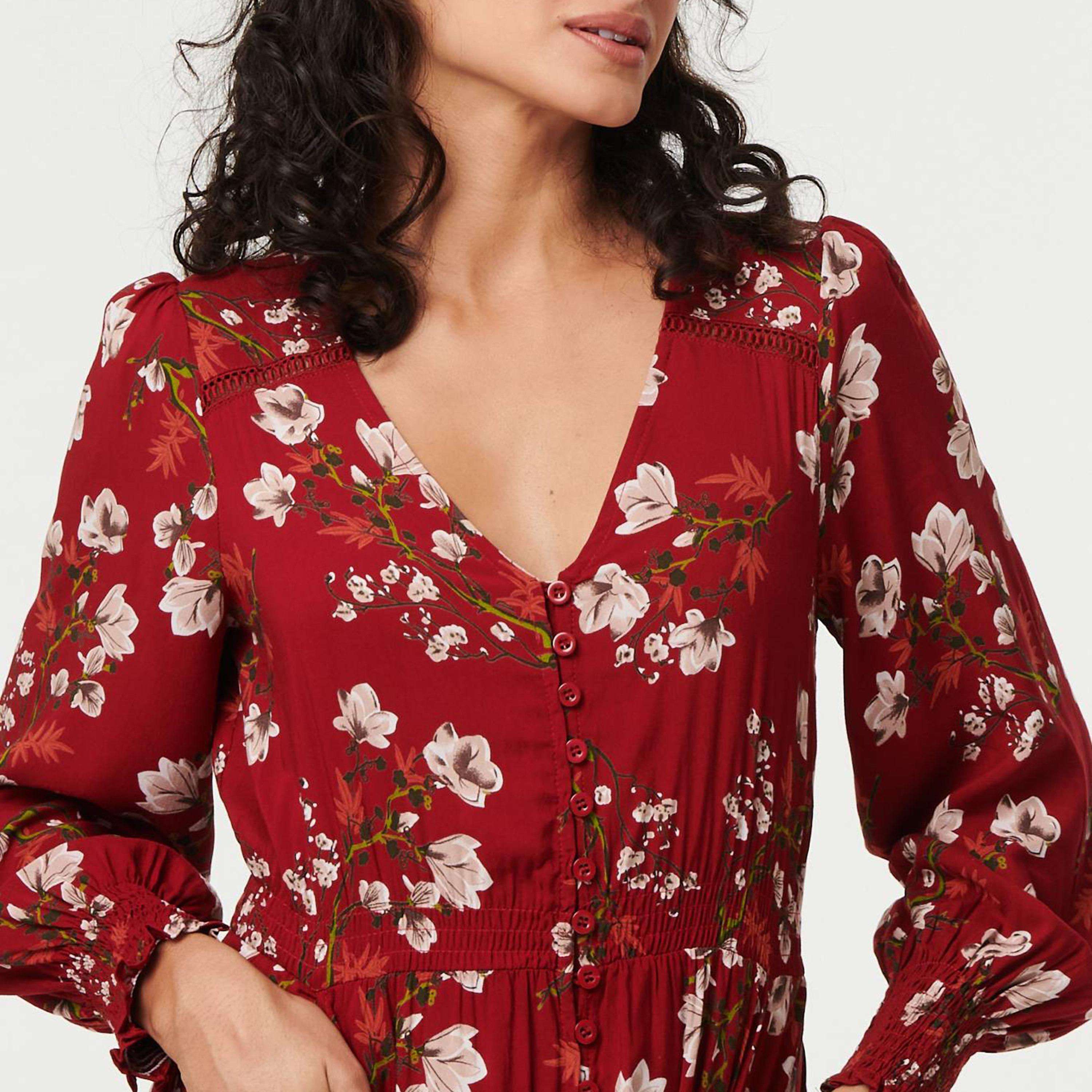 Izabel London Floral Print Balloon Sleeves Fit & Flared Slit Women's Maxi Dress-women-clothing-dresses-image-5