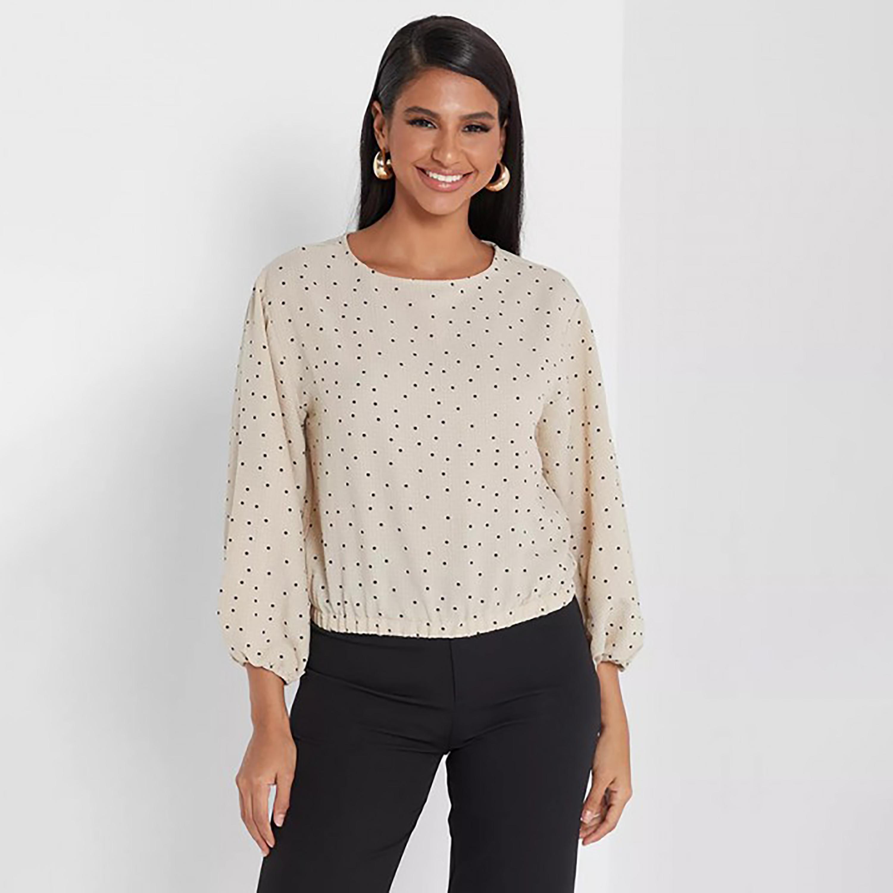 Little Mistress Beige Polka Dots Round Neck Long Sleeves Women's Top-women-clothing-shirtsandblouses-blouses-image-1