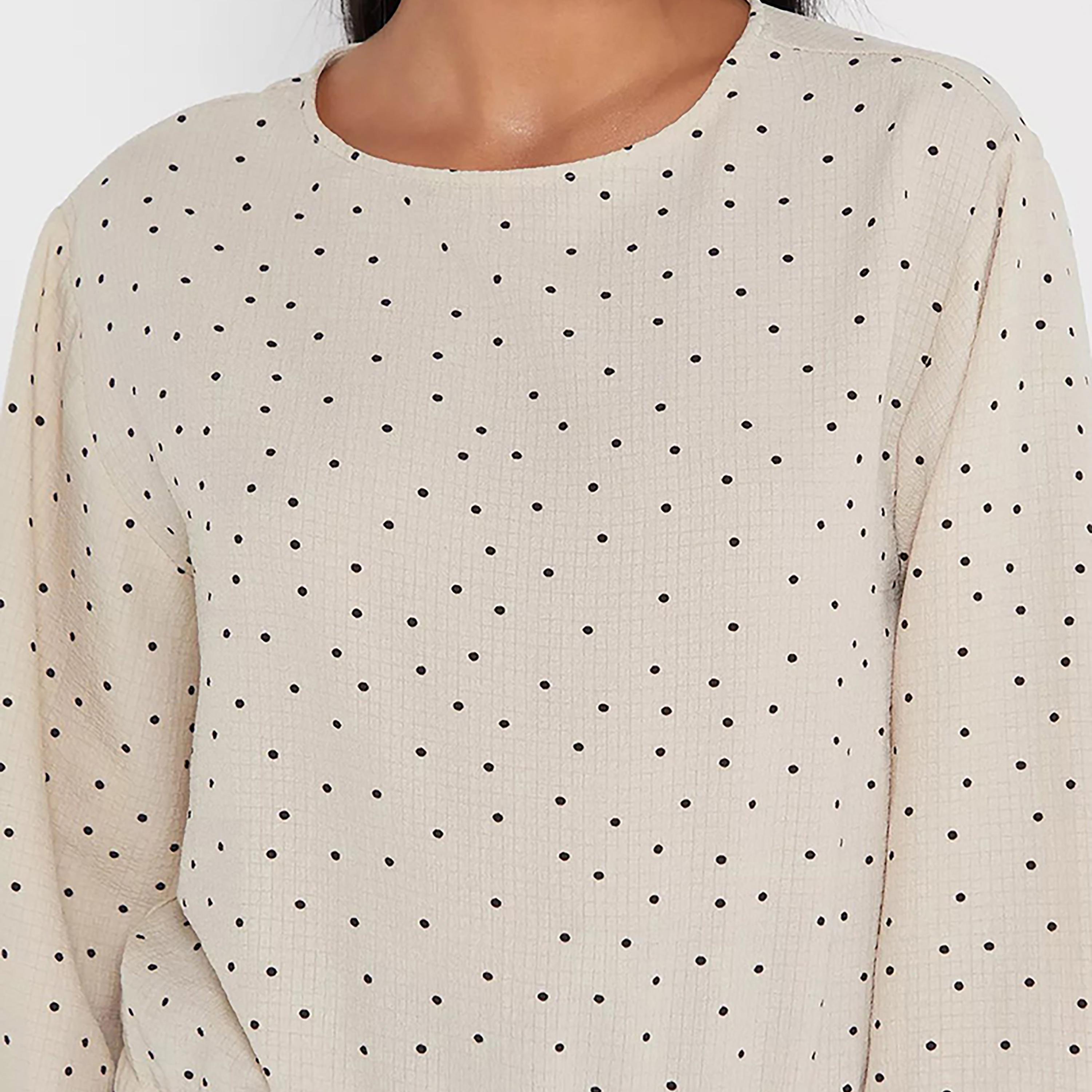 Little Mistress Beige Polka Dots Round Neck Long Sleeves Women's Top-women-clothing-shirtsandblouses-blouses-image-3