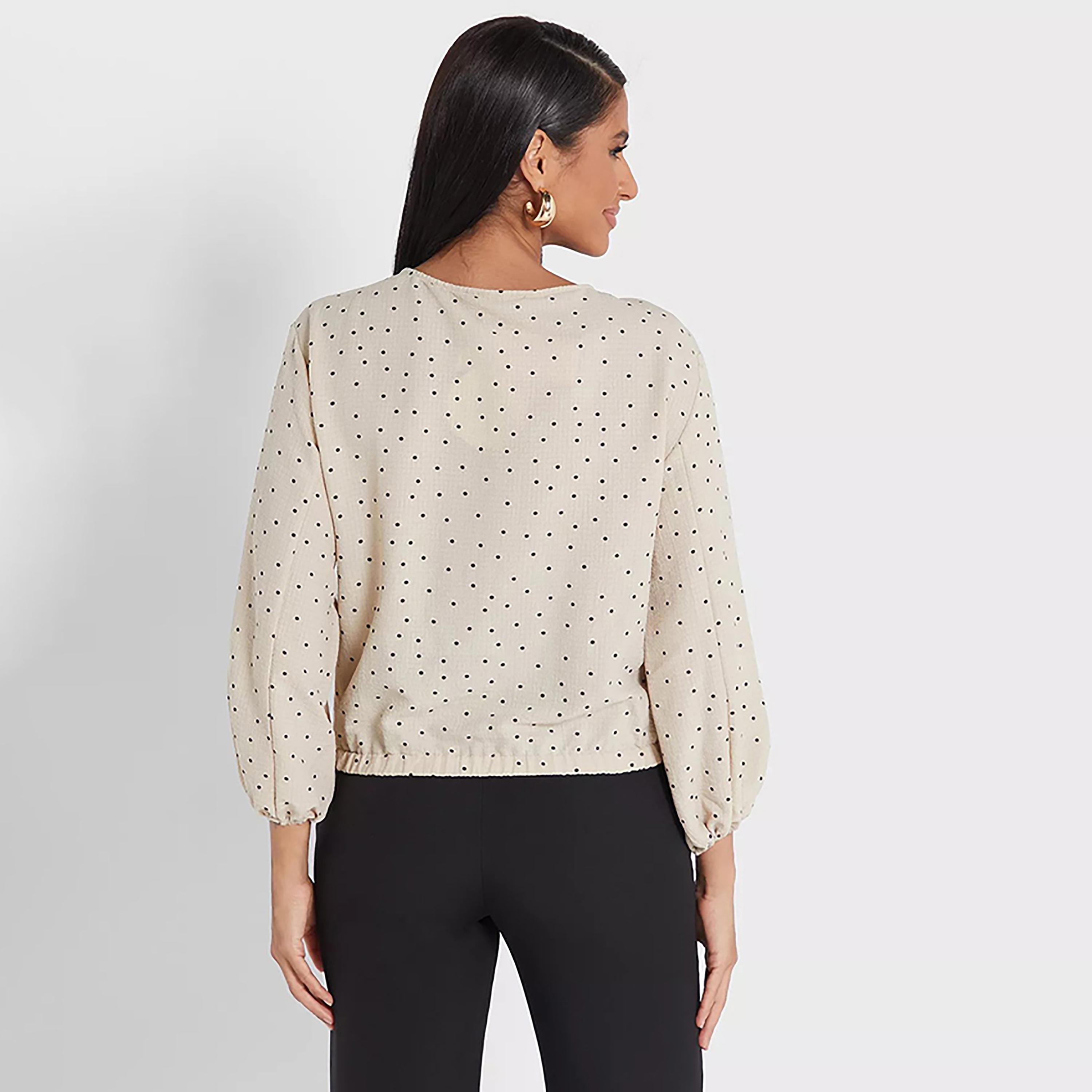 Little Mistress Beige Polka Dots Round Neck Long Sleeves Women's Top-women-clothing-shirtsandblouses-blouses-image-4