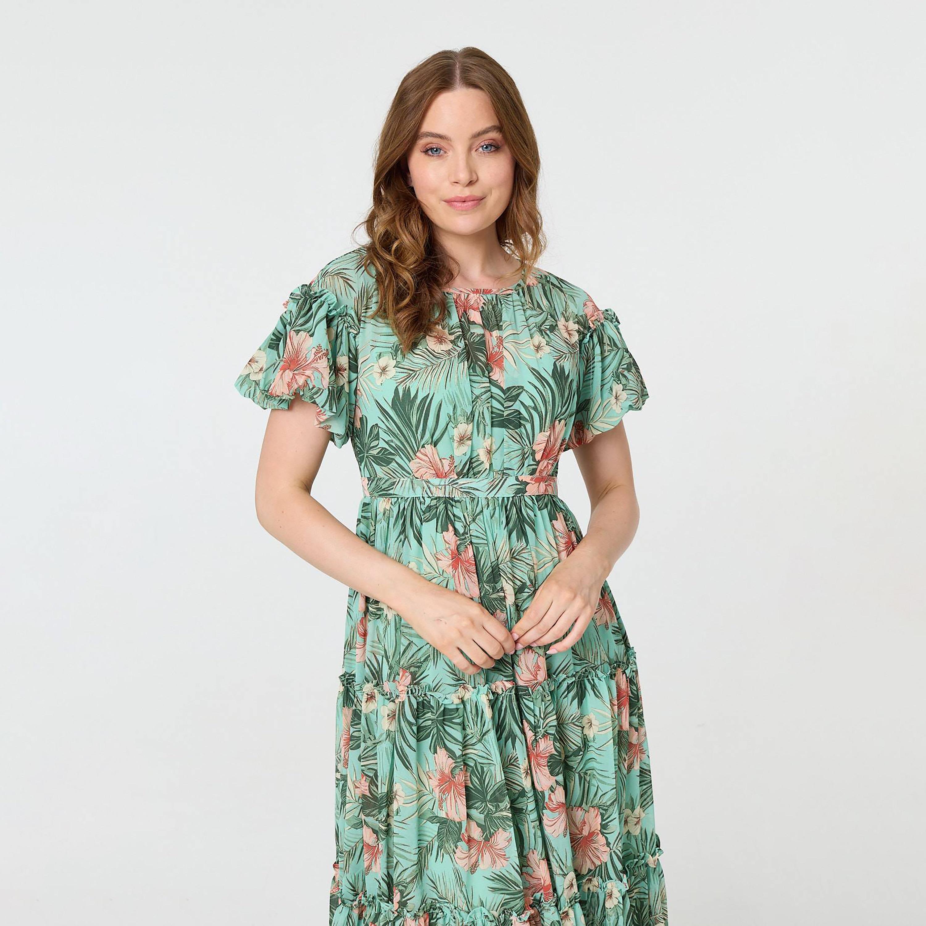 فستان ميدي "تيرد" بأكمام "باف" منفوخة وطبعة زهور بلون أخضر من إيزابيل لندن-women-clothing-dresses-image-2