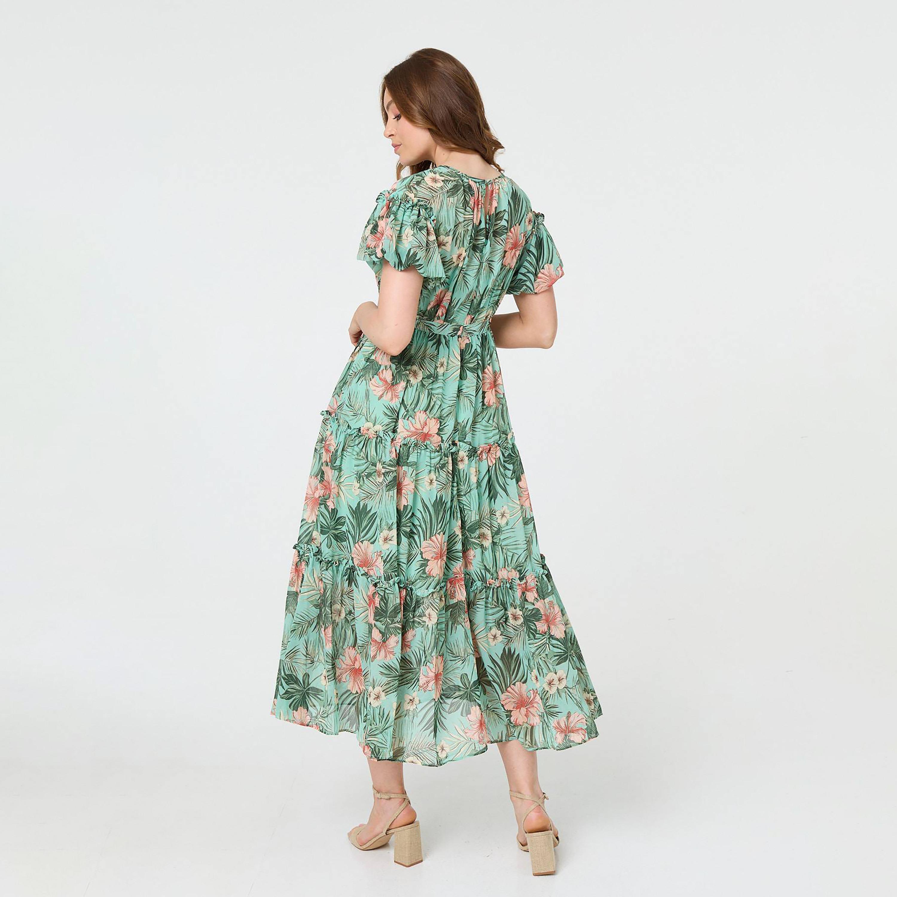 فستان ميدي "تيرد" بأكمام "باف" منفوخة وطبعة زهور بلون أخضر من إيزابيل لندن-women-clothing-dresses-image-3