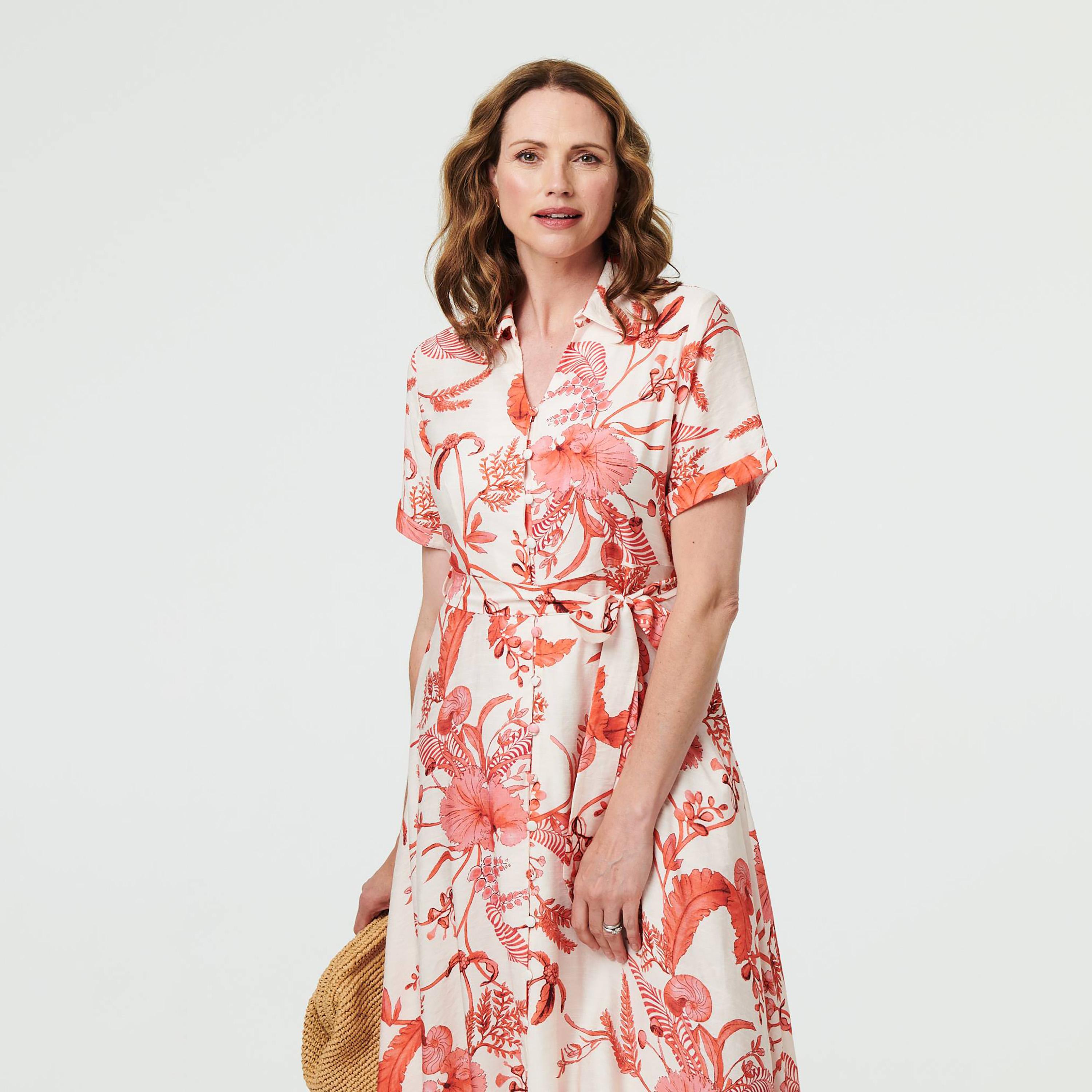 Izabel London Pink Floral Print Collared Women's Midi Dress-women-clothing-dresses-image-2