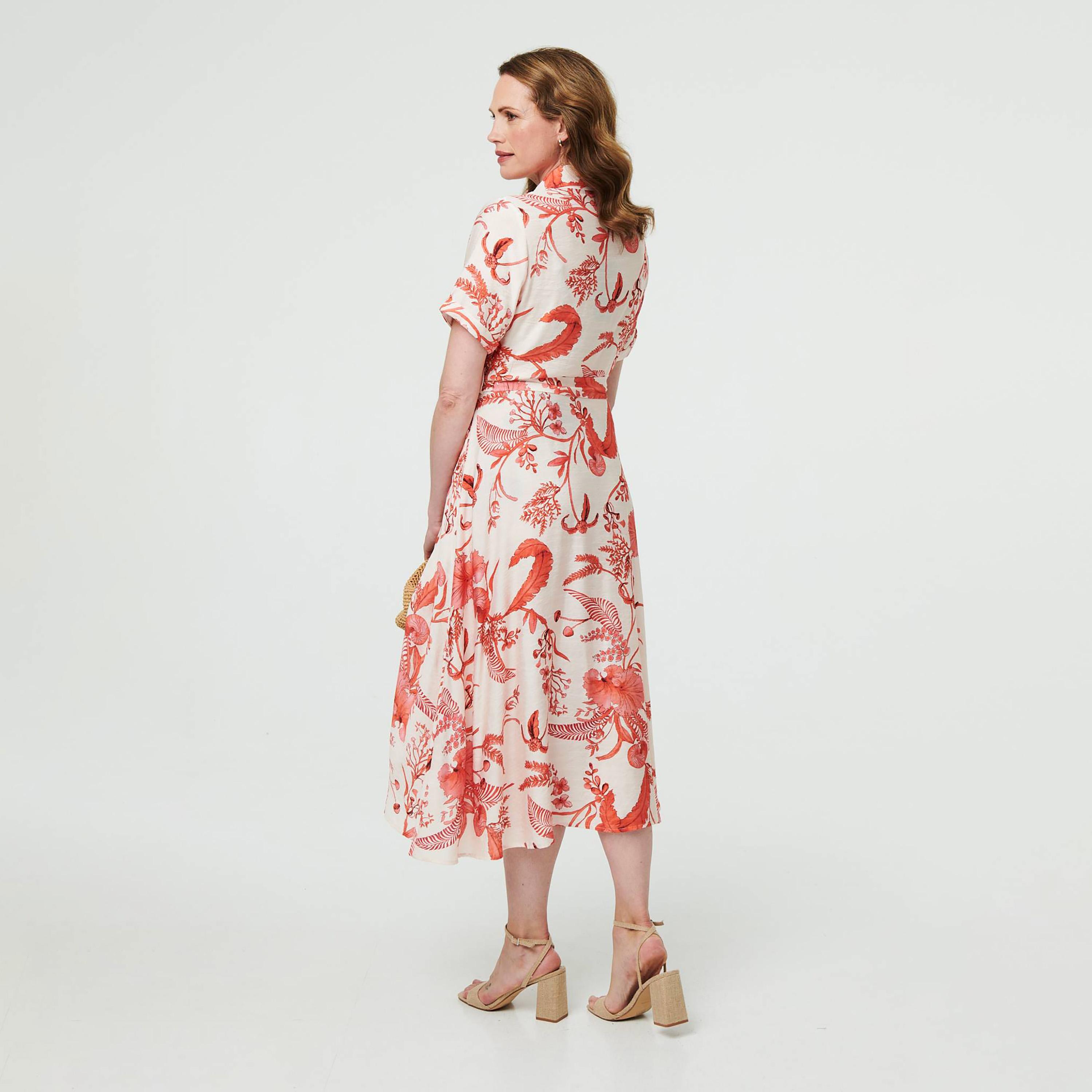فستان ميدي نسائي بياقة وطبعة زهور بلون وردي من إيزابيل لندن-women-clothing-dresses-image-3