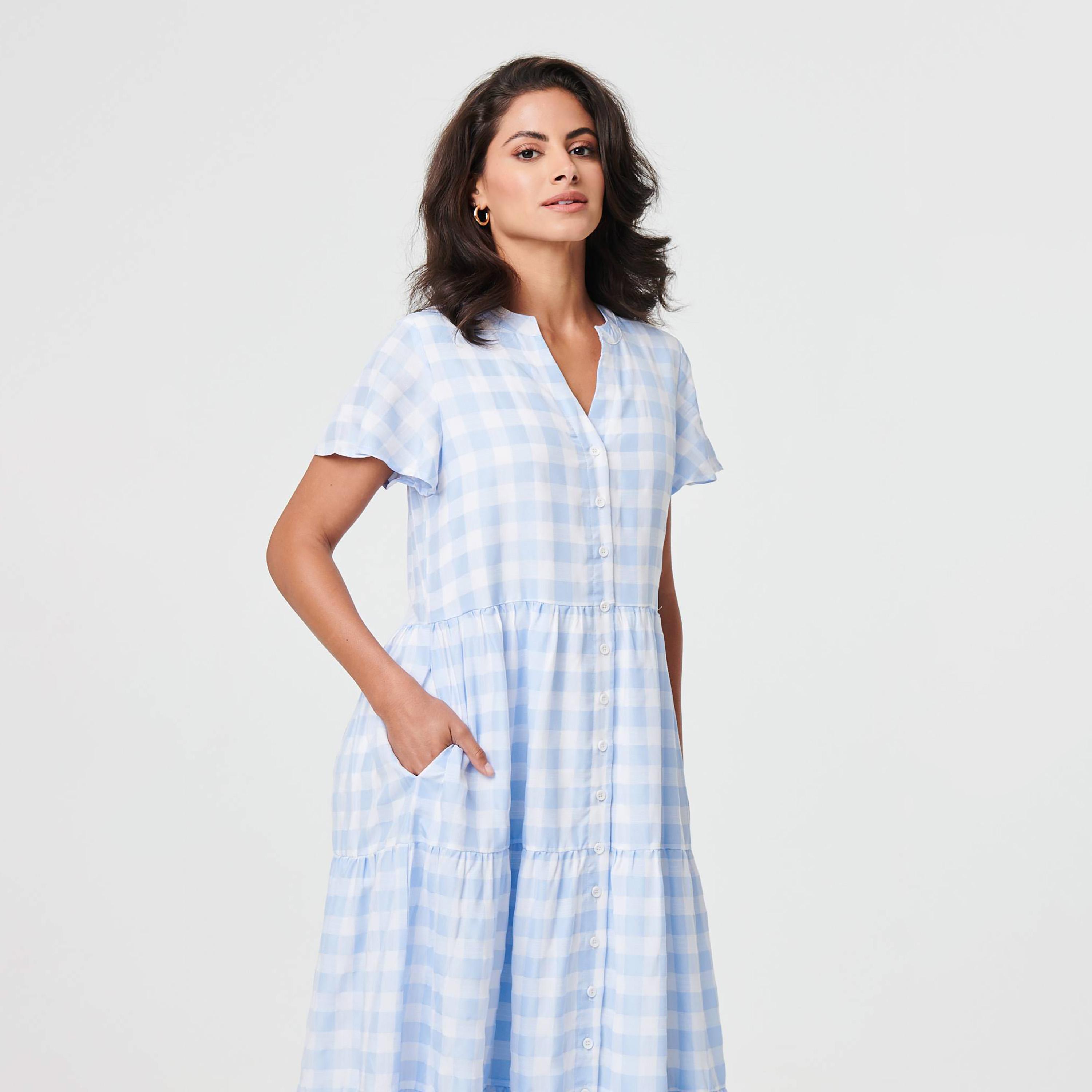 Izabel London Blue Checked Flutter Sleeves Tiered Women's Midi Dress-women-clothing-dresses-image-2