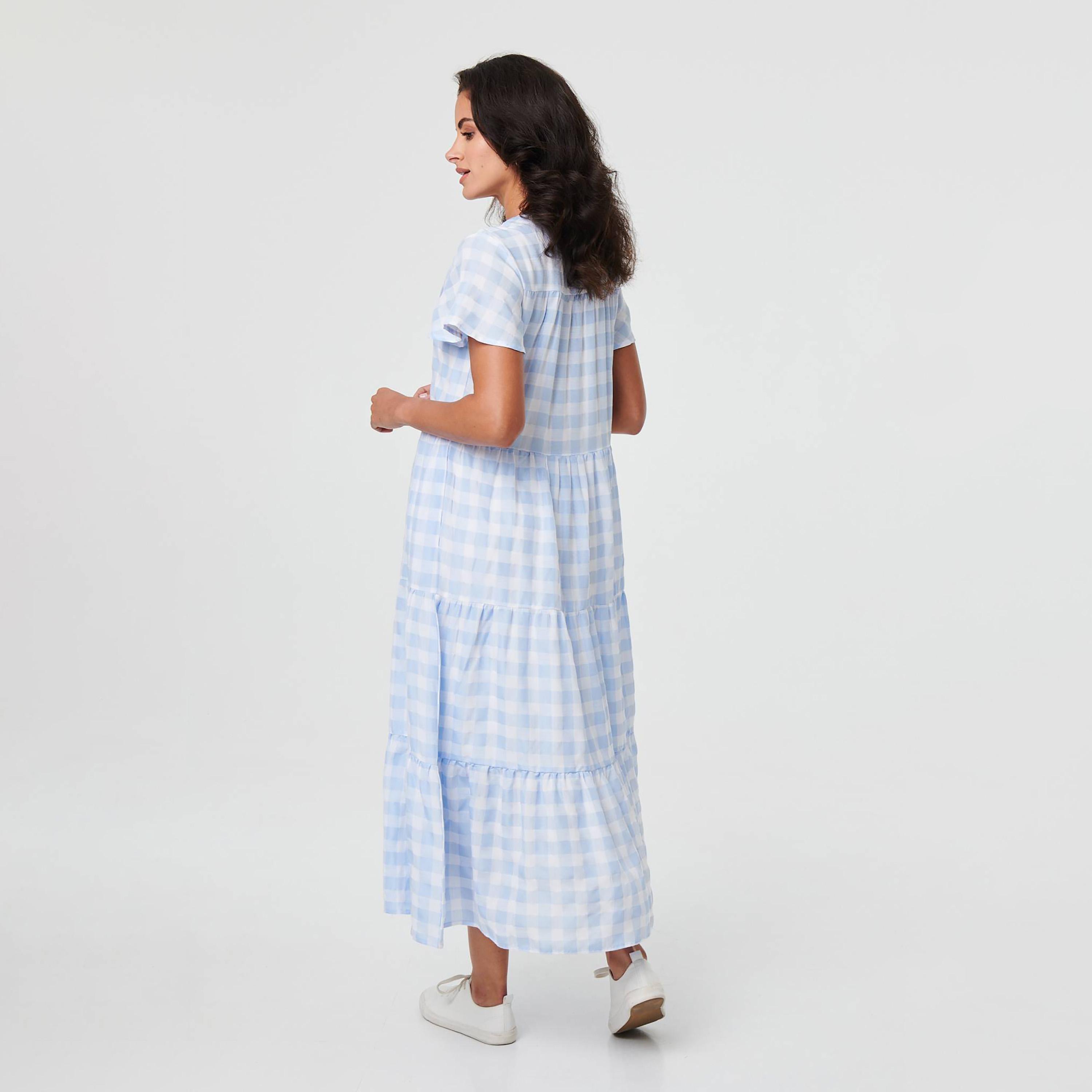 Izabel London Blue Checked Flutter Sleeves Tiered Women's Midi Dress-women-clothing-dresses-image-3