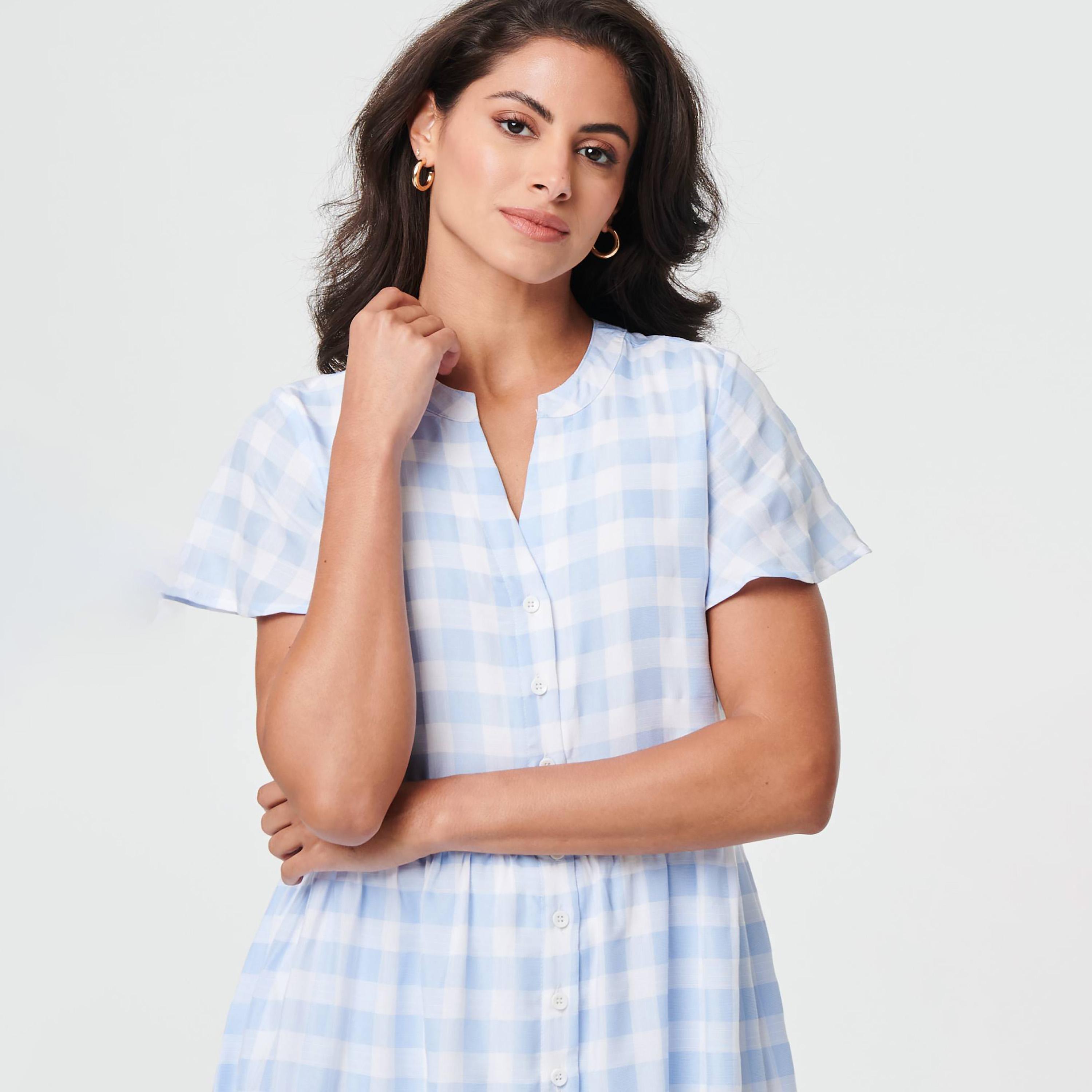 فستان ميدي "تيرد" بأكمام "فلاتر" وتصميم كاروهات بلون أزرق من إيزابيل لندن-women-clothing-dresses-image-4