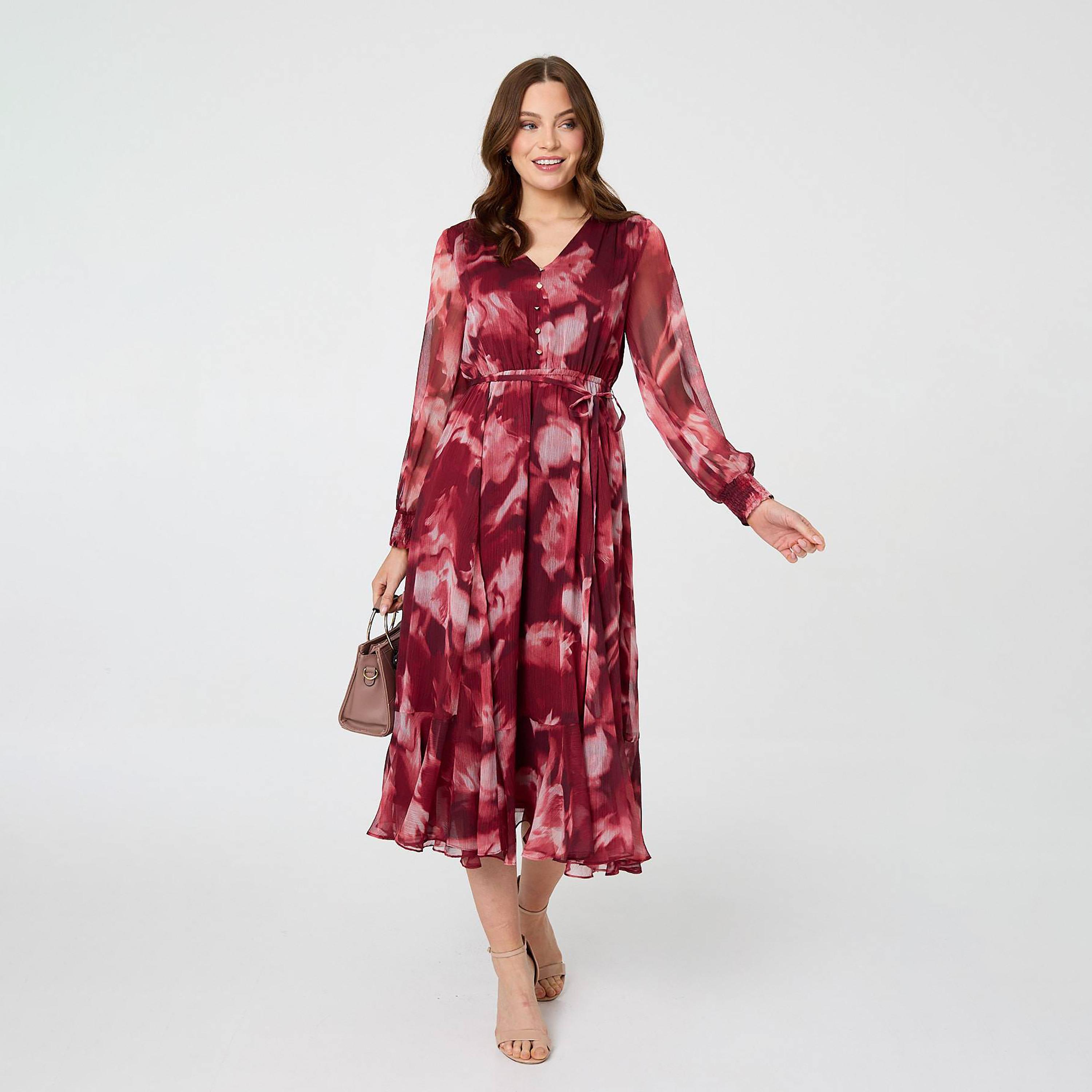 فستان ميدي نسائي بأكمام "بيشوب" وطبعة تجريدية بلون أحمر من إيزابيل لندن-women-clothing-dresses-image-1