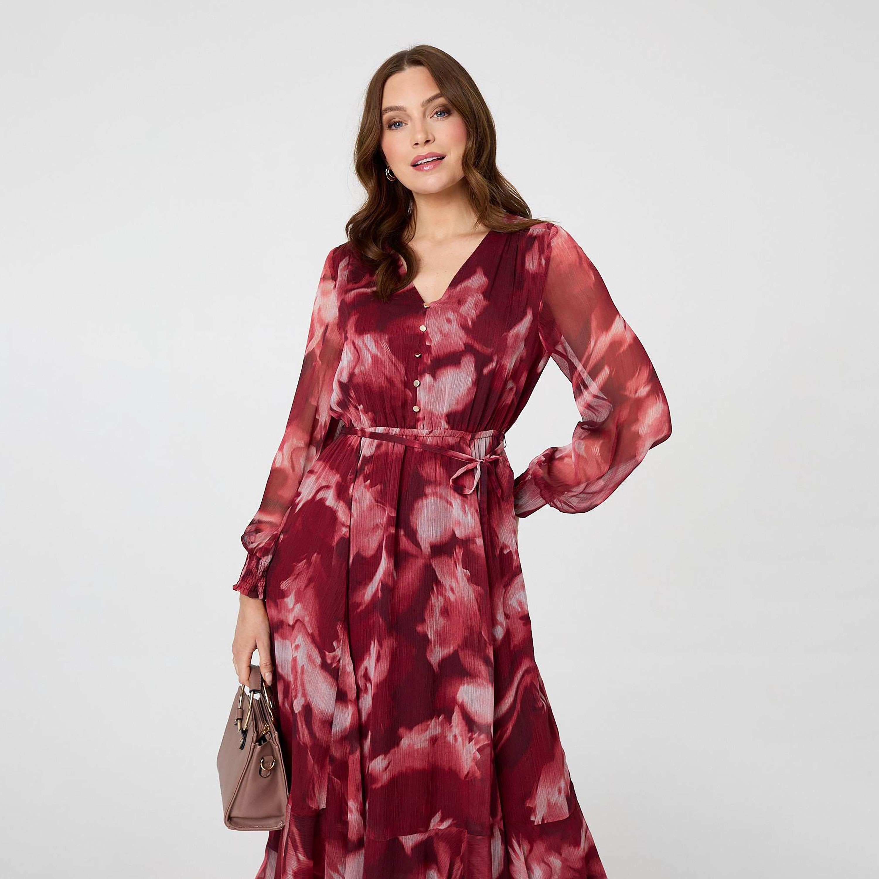 Izabel London Red Abstract Print Bishop Sleeves Women's Midi Dress-women-clothing-dresses-image-2