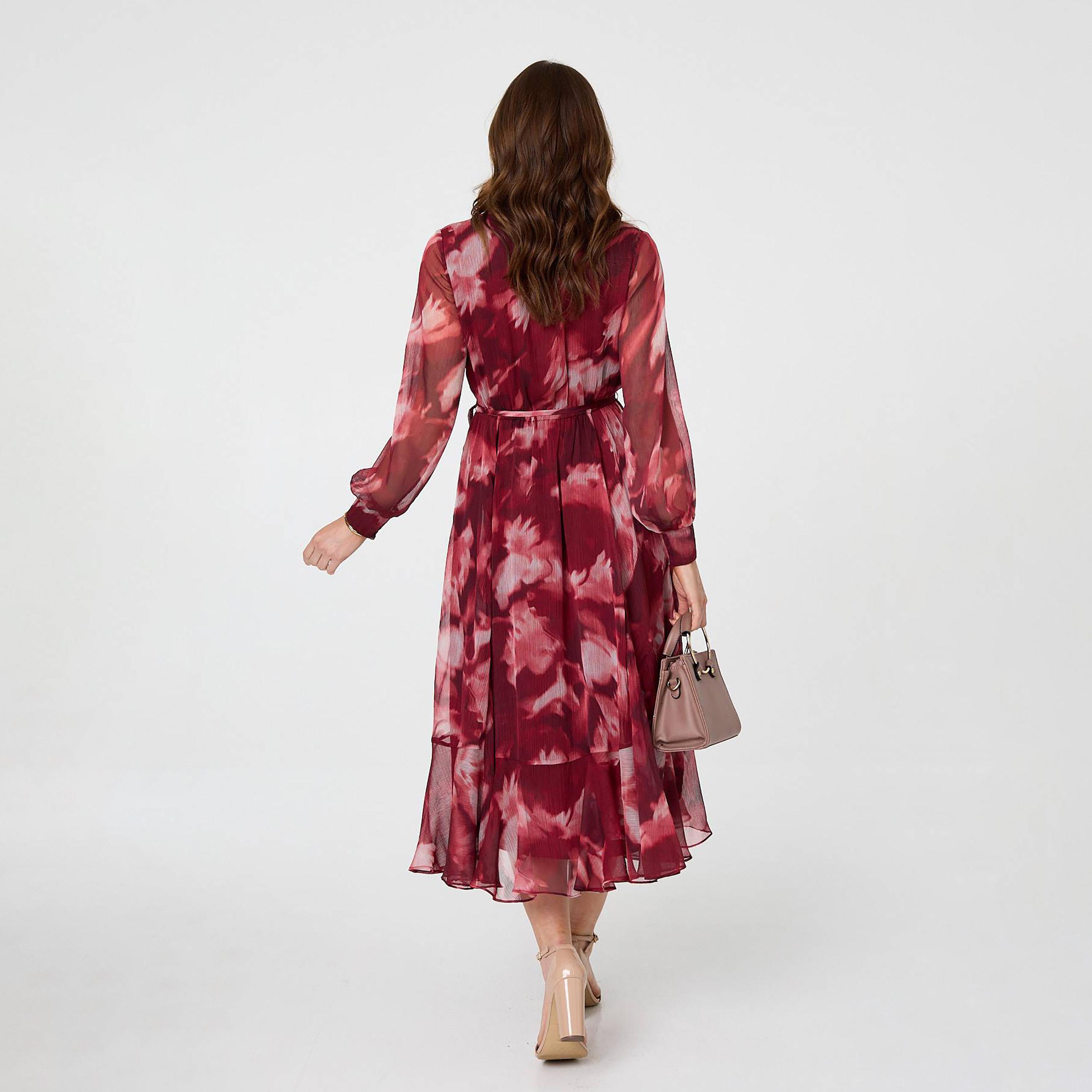 فستان ميدي نسائي بأكمام "بيشوب" وطبعة تجريدية بلون أحمر من إيزابيل لندن-women-clothing-dresses-image-3