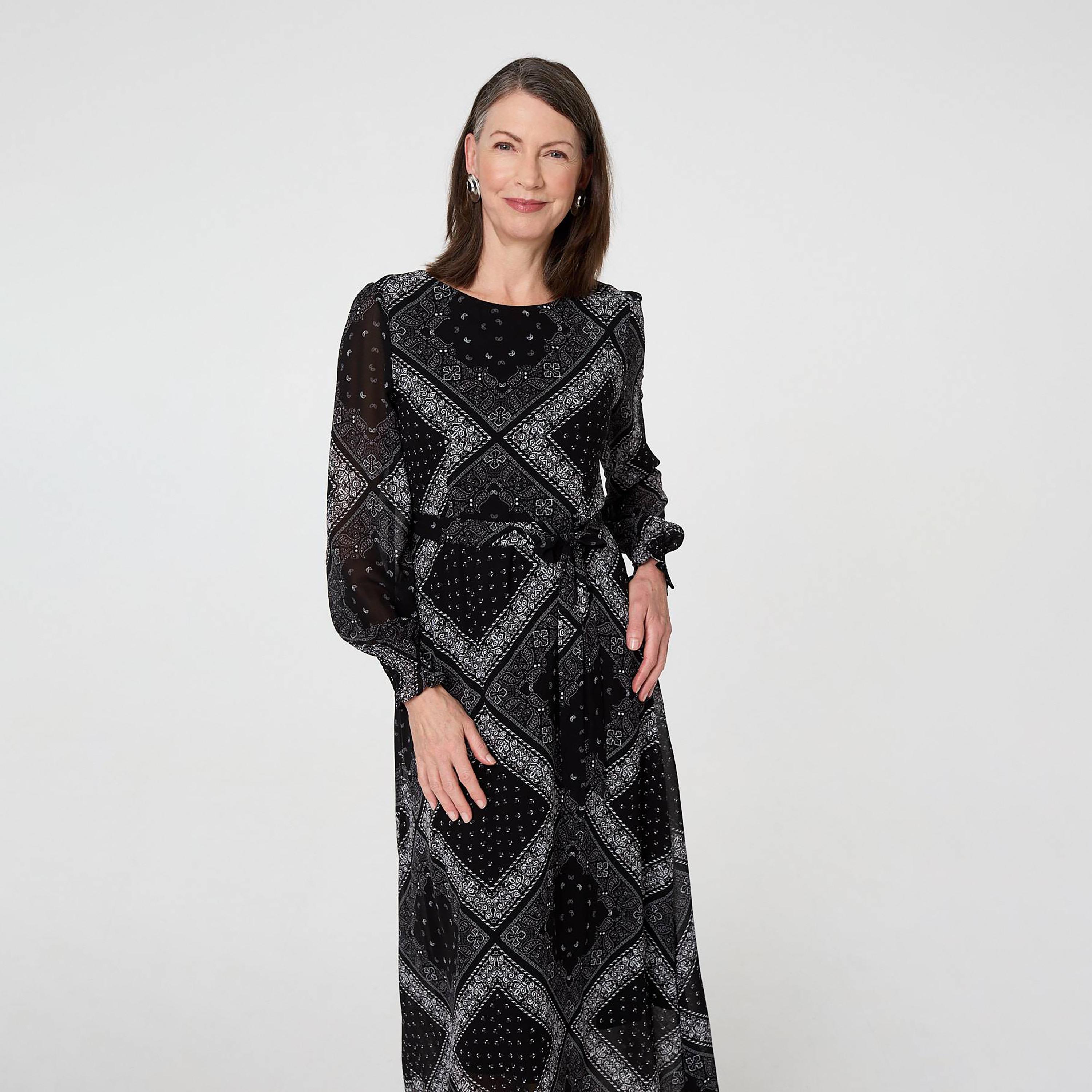 Izabel London Black Geometric Paisley Bishop Sleeves Women's Maxi Dress-women-clothing-dresses-image-2