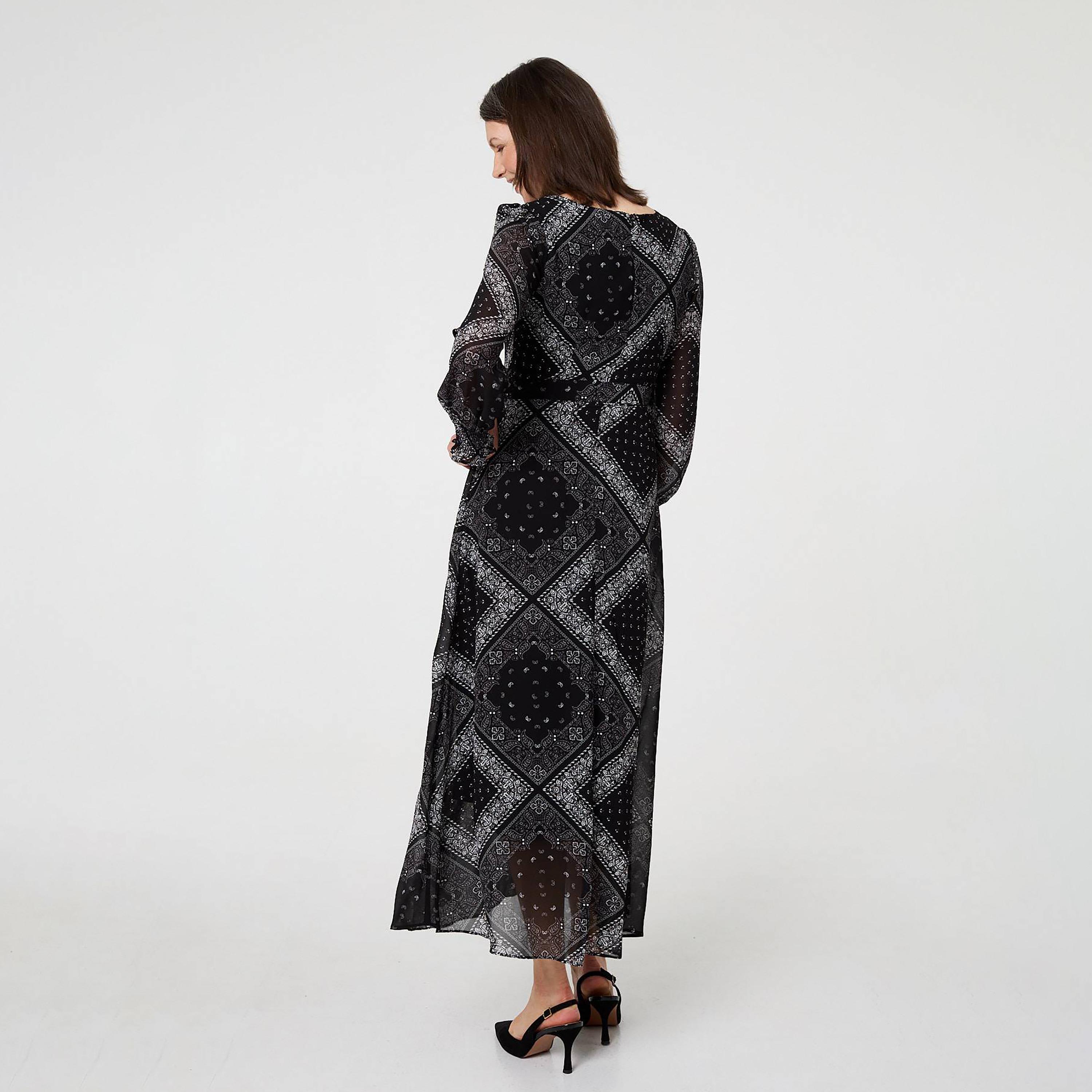 Izabel London Black Geometric Paisley Bishop Sleeves Women's Maxi Dress-women-clothing-dresses-image-3