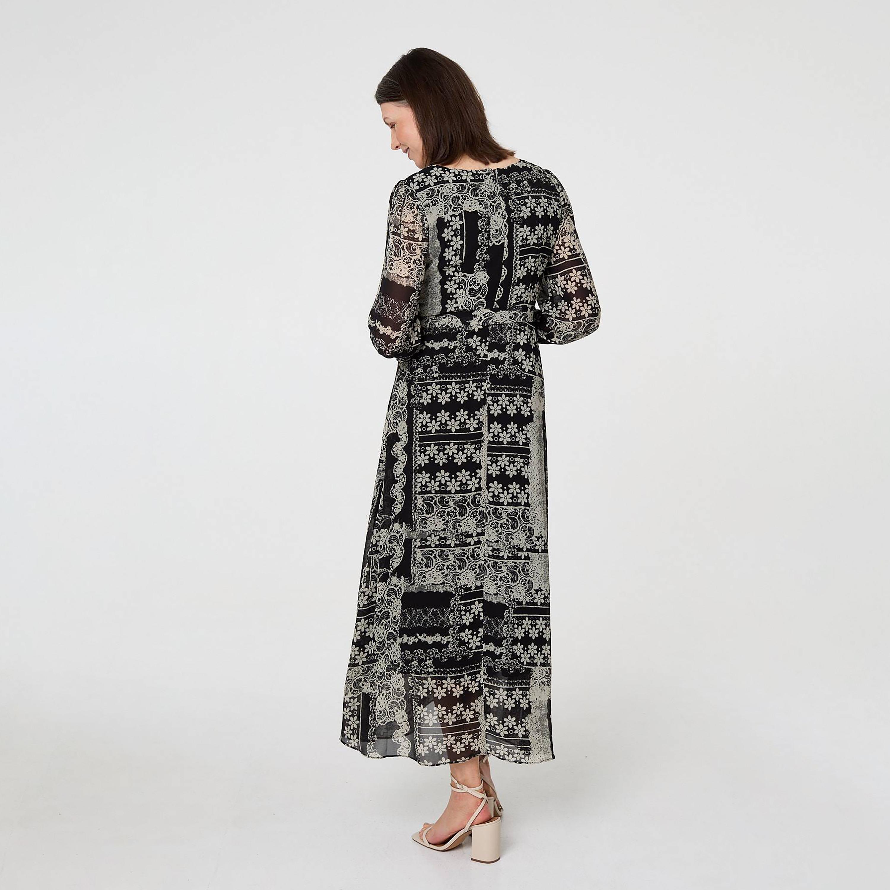 Izabel London Black Floral Print Bishop Sleeves Women's Maxi Dress-women-clothing-dresses-image-3