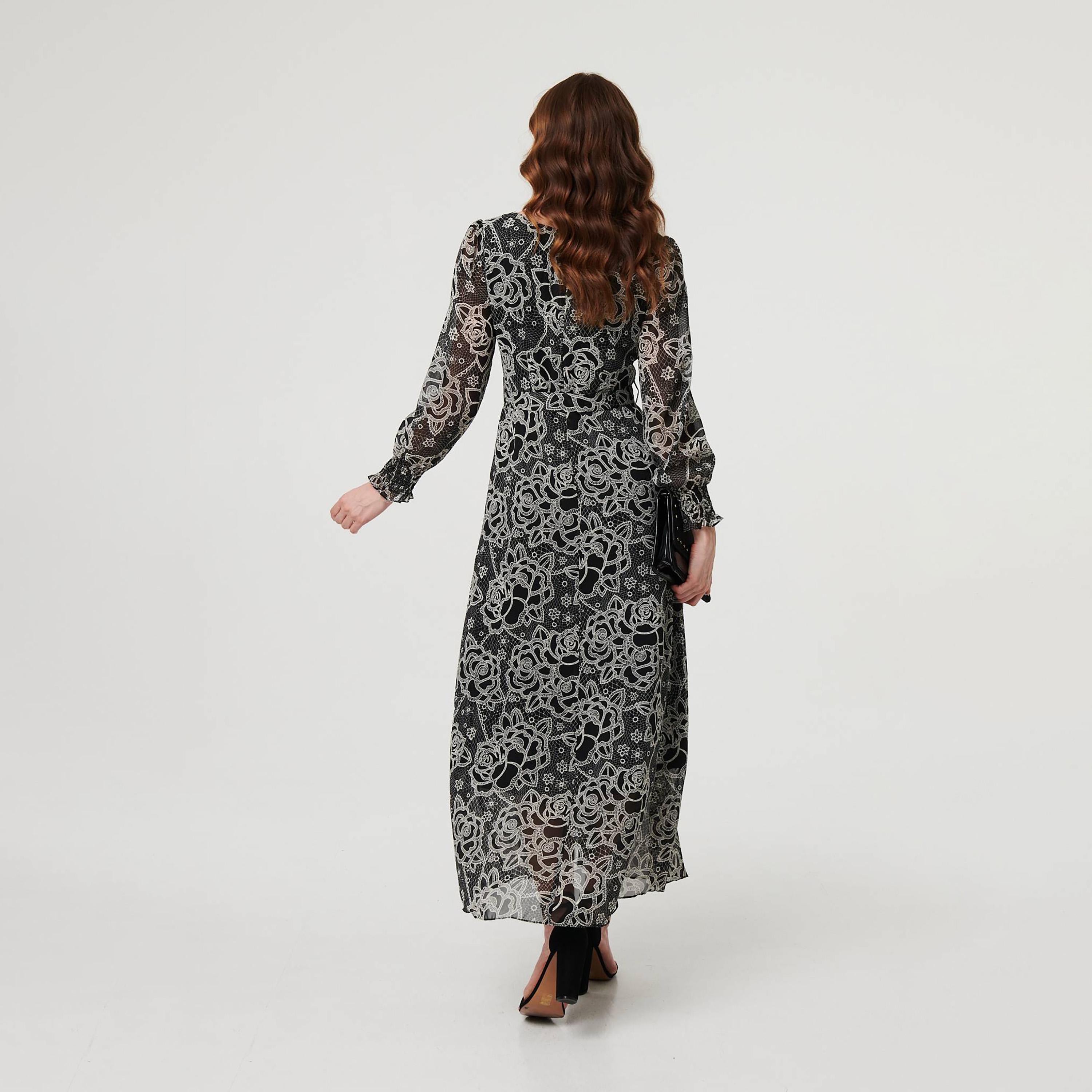 فستان ماكسي نسائي بأكمام "بيشوب" وطبعة زهور بلون أسود من إيزابيل لندن-women-clothing-dresses-image-3
