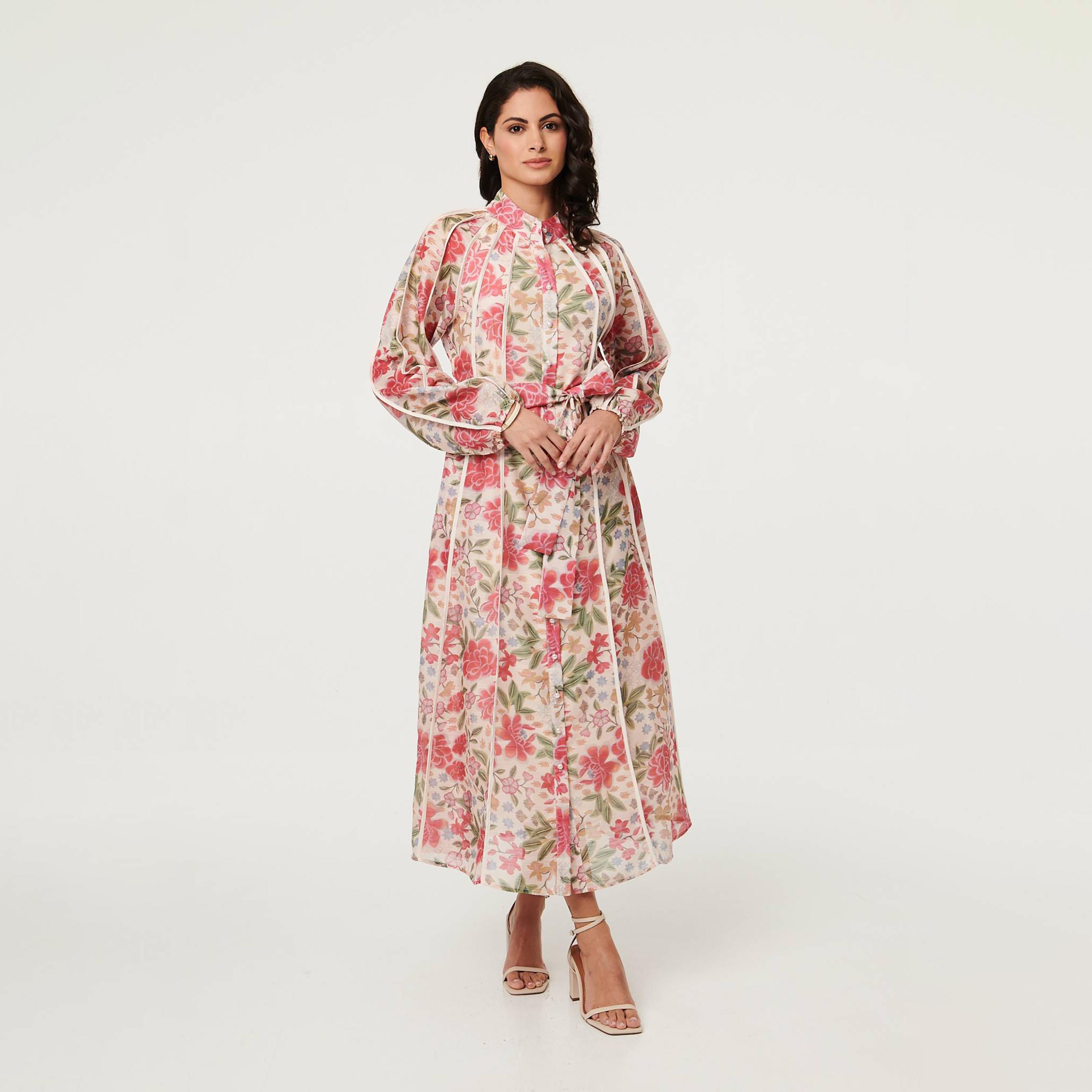 Izabel London Multicolour Floral Print Mandarin Collar Women's Midi Dress-women-clothing-dresses-image-1