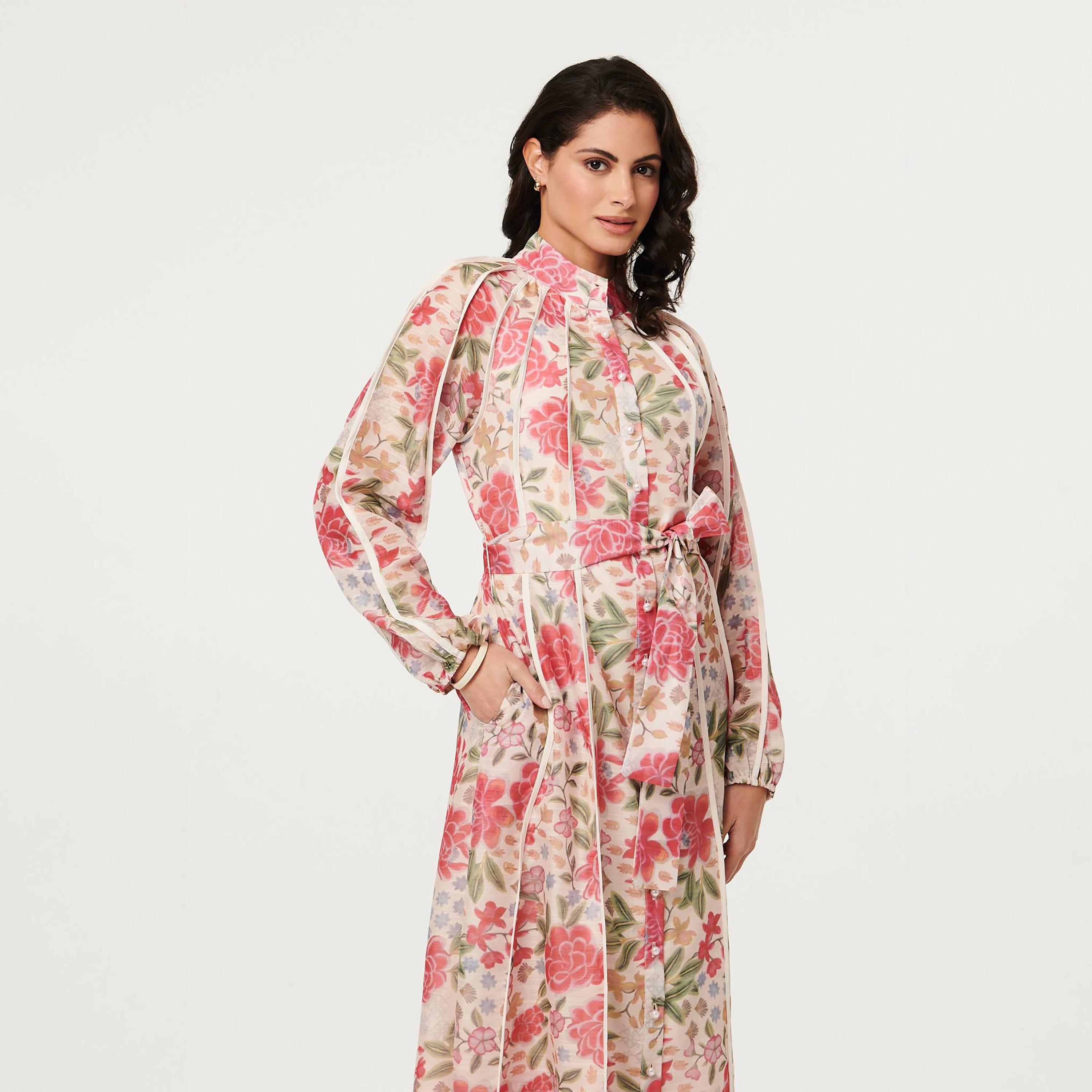 Izabel London Multicolour Floral Print Mandarin Collar Women's Midi Dress-women-clothing-dresses-image-2