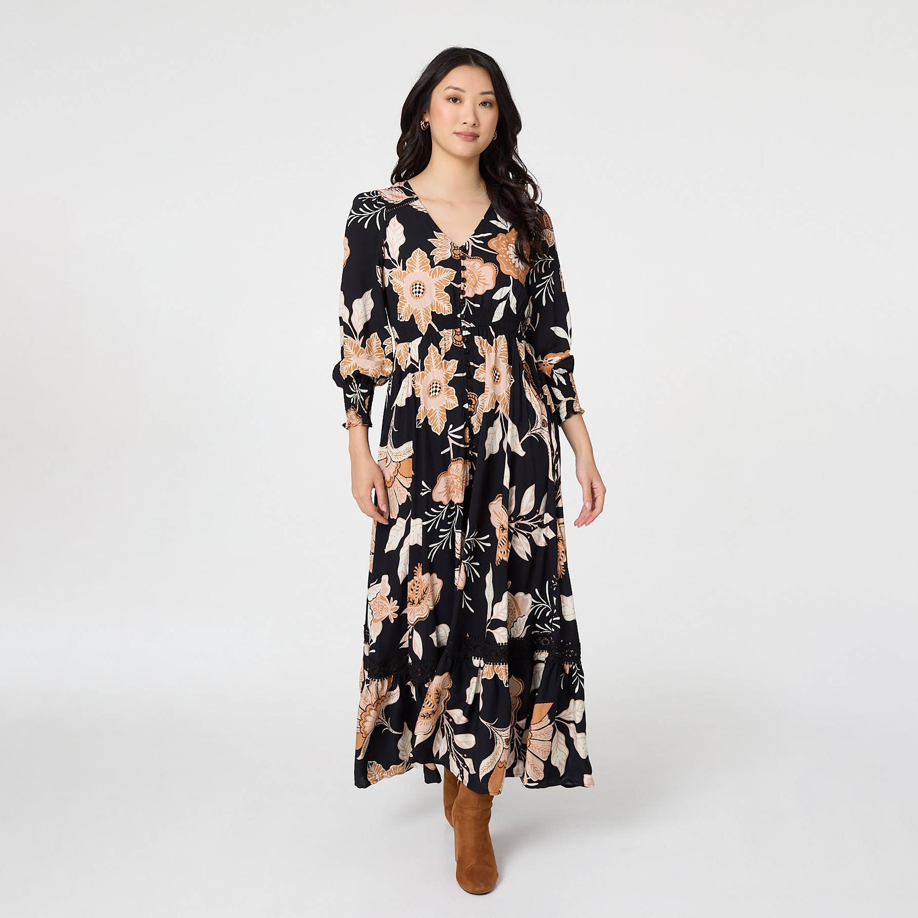 Izabel London Black Floral Print Bishop Sleeves Fit & Flared Women's Maxi Dress-women-clothing-dresses-image-1