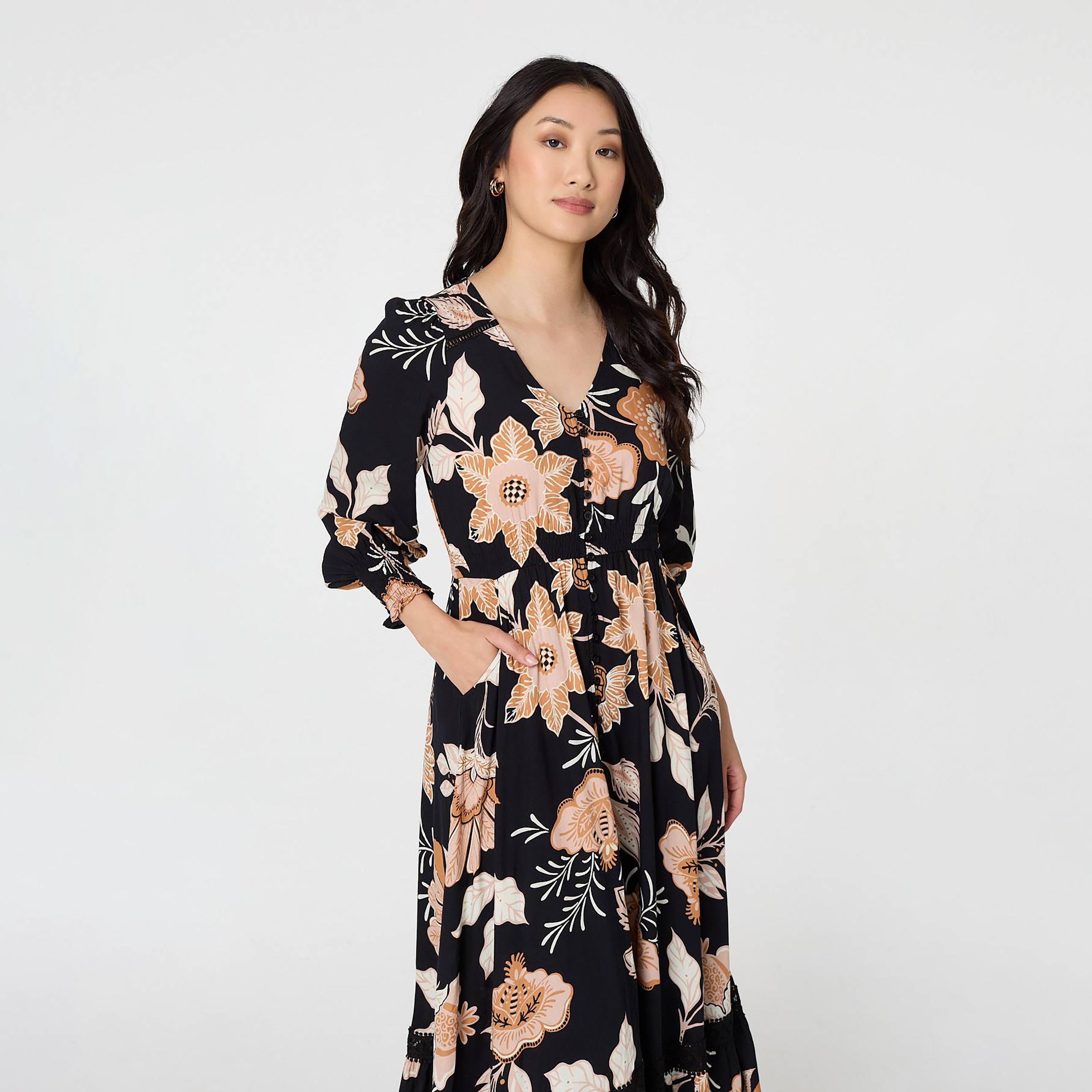 Izabel London Black Floral Print Bishop Sleeves Fit & Flared Women's Maxi Dress-women-clothing-dresses-image-2