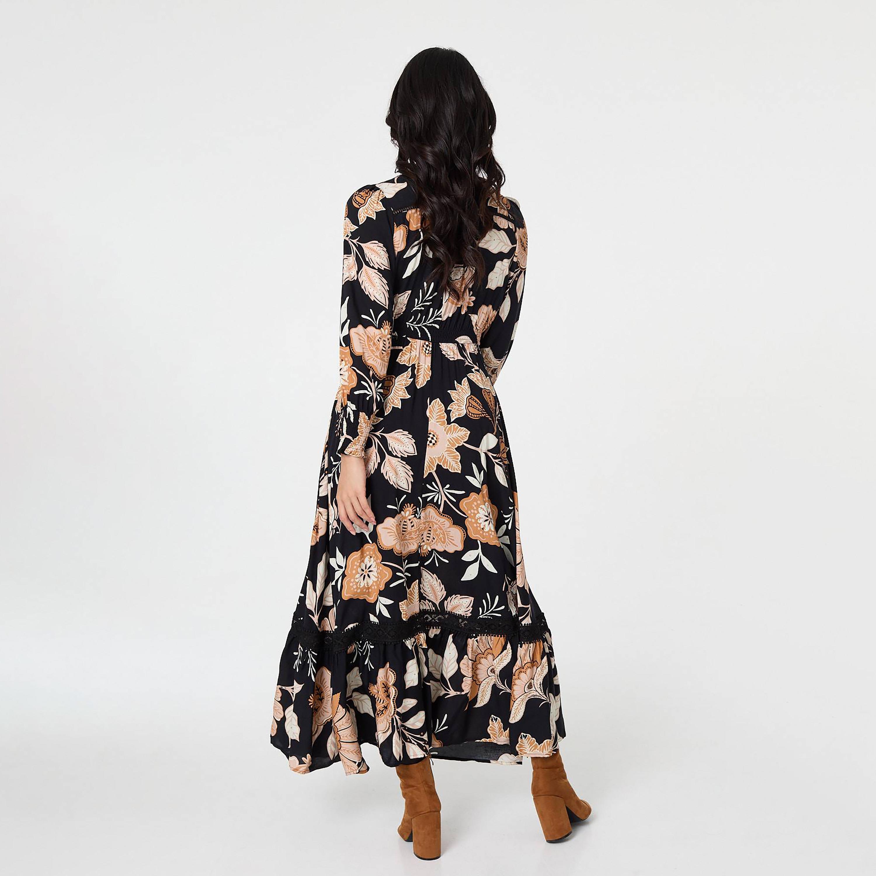Izabel London Black Floral Print Bishop Sleeves Fit & Flared Women's Maxi Dress-women-clothing-dresses-image-3
