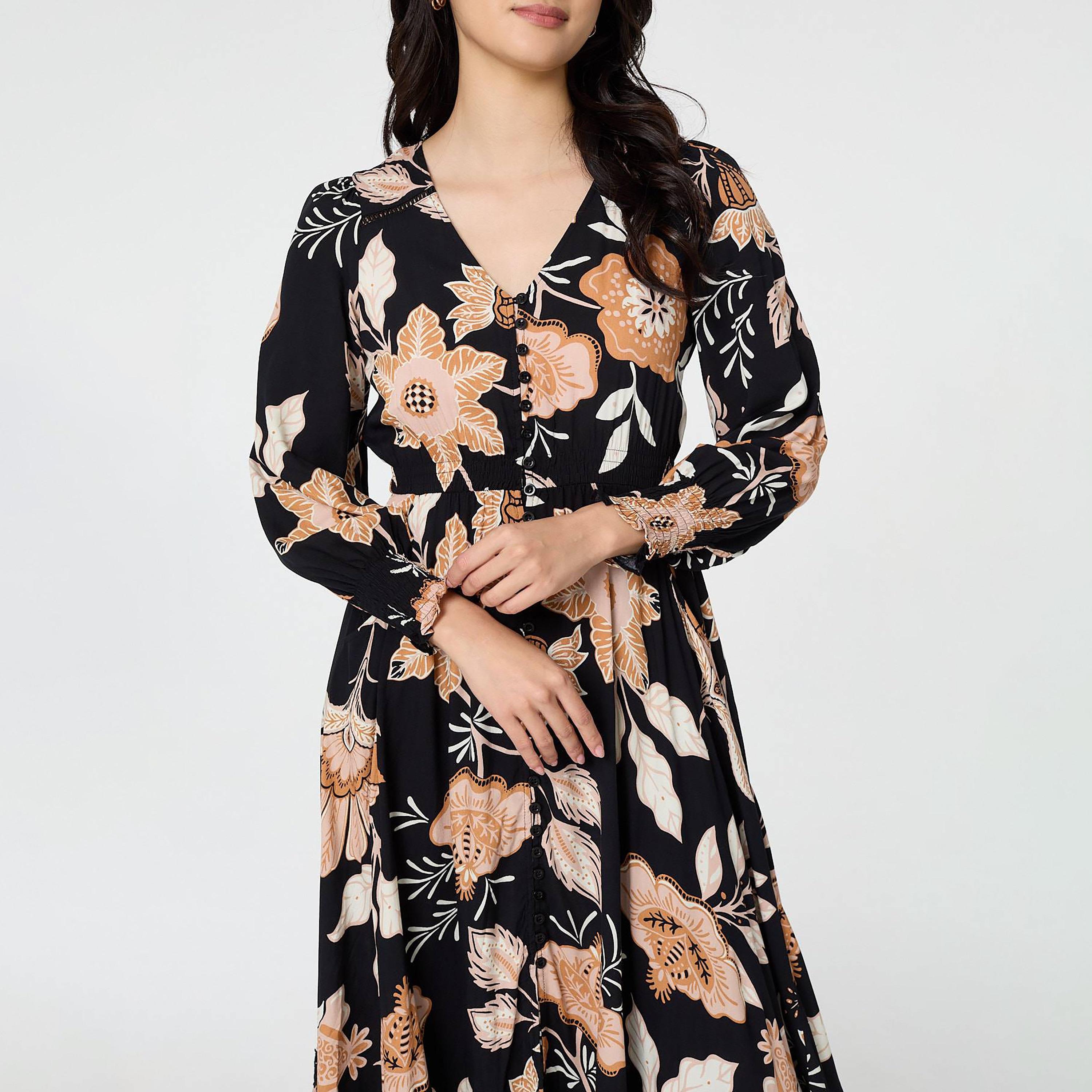 Izabel London Black Floral Print Bishop Sleeves Fit & Flared Women's Maxi Dress-women-clothing-dresses-image-4