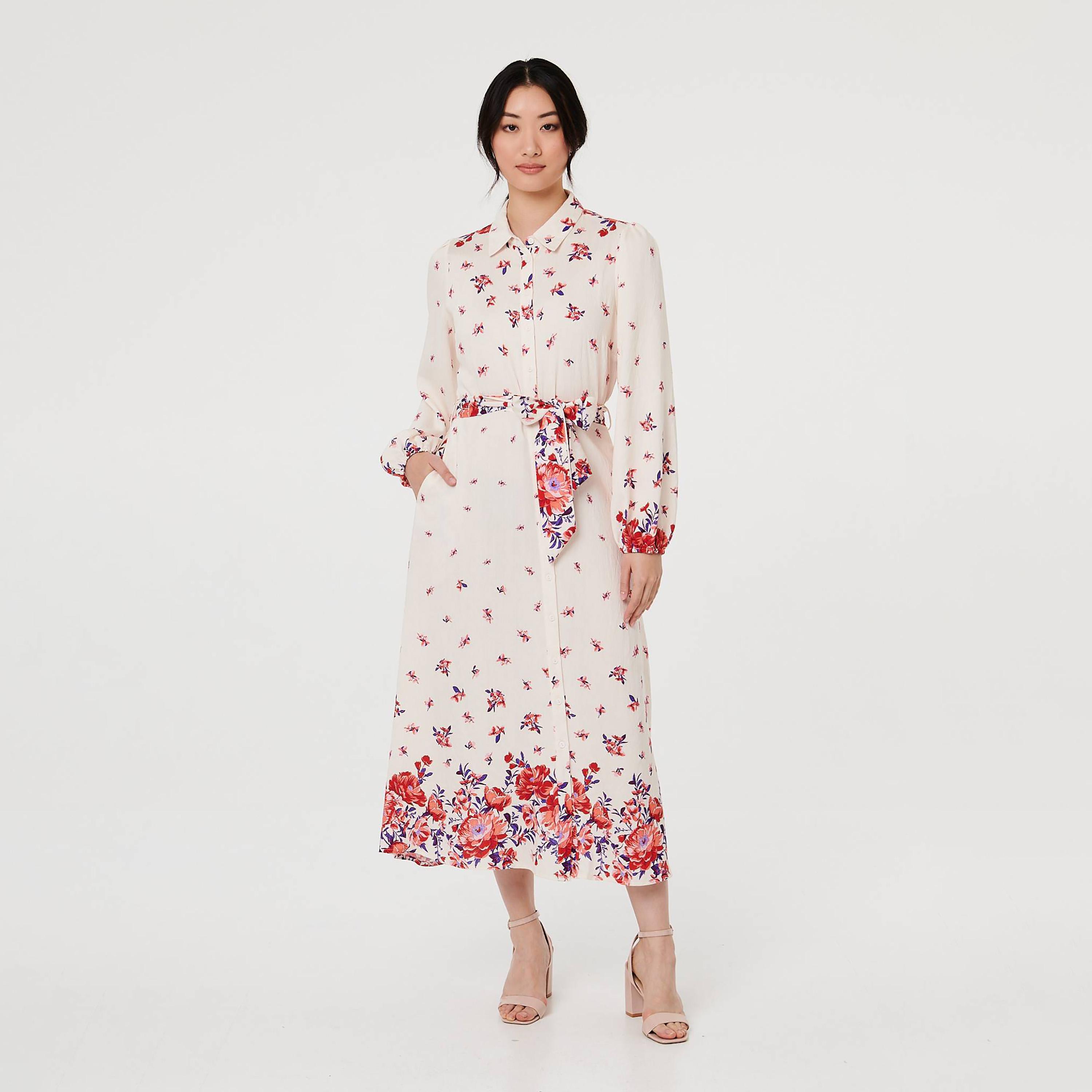 Izabel London White Scattered Floral Print Collared Women's Midi Shirt Dress-women-clothing-dresses-image-1