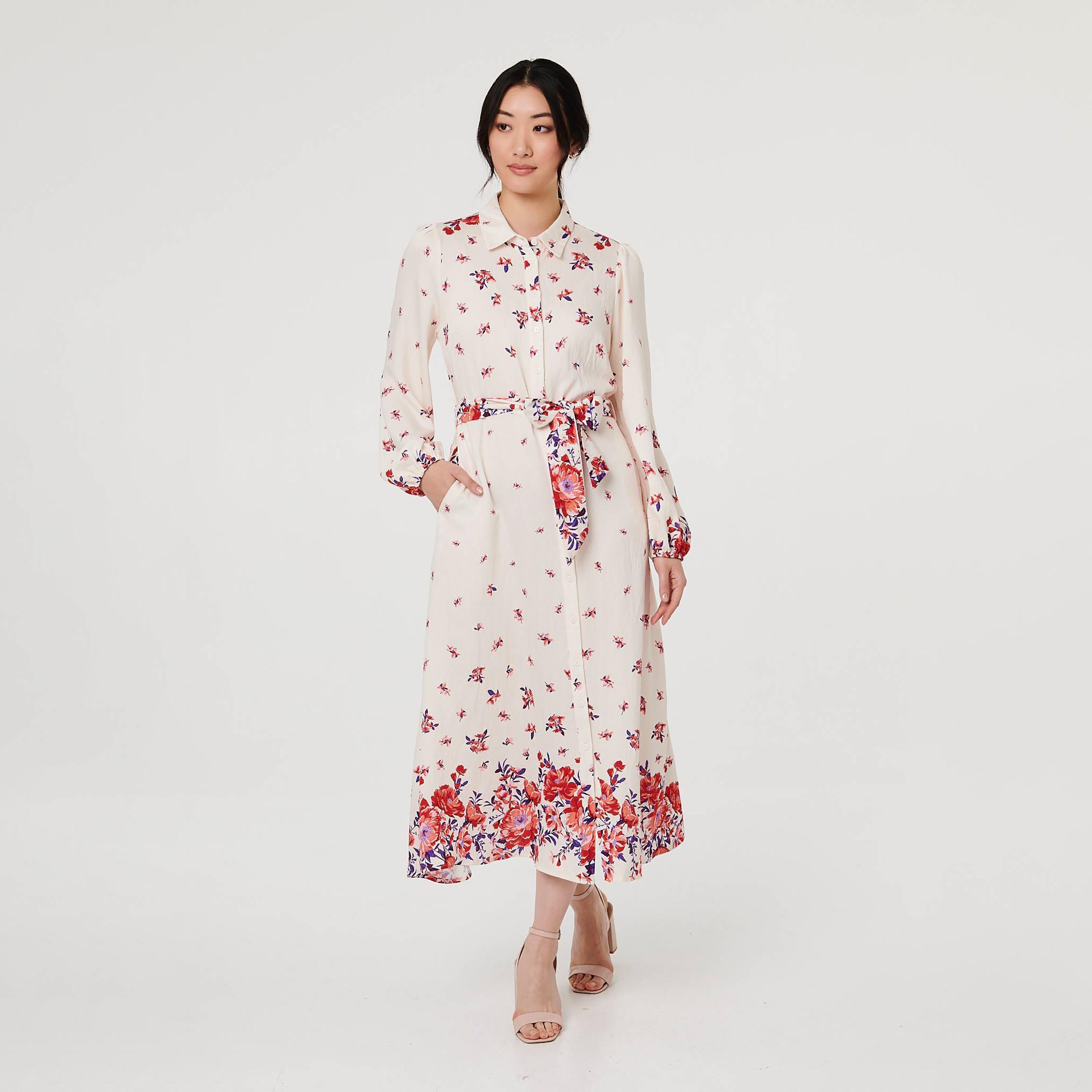 فستان قميص ميدي بياقة وطبعة زهور متناثرة باللون الأبيض من إيزابيل لندن-women-clothing-dresses-image-3