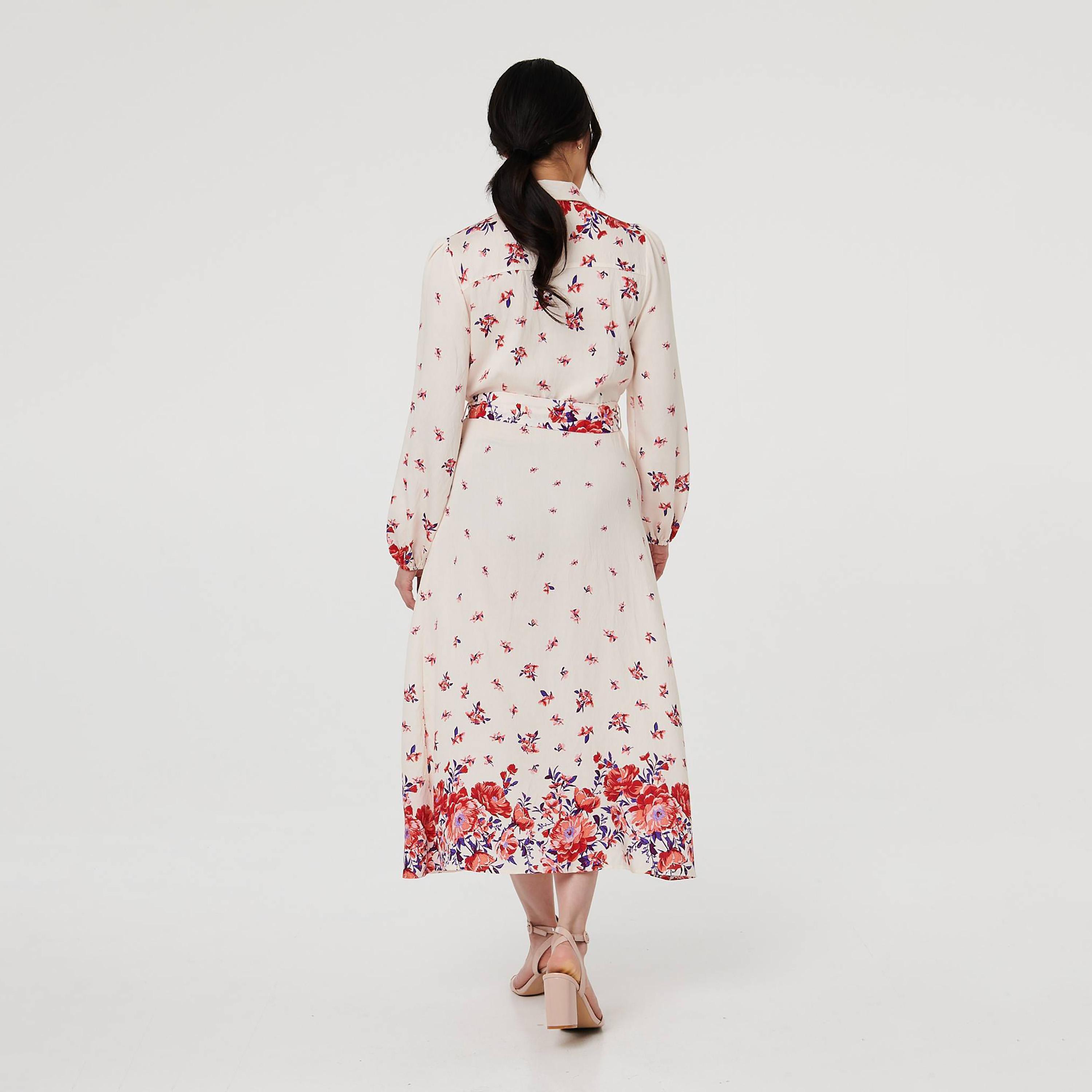 Izabel London White Scattered Floral Print Collared Women's Midi Shirt Dress-women-clothing-dresses-image-4