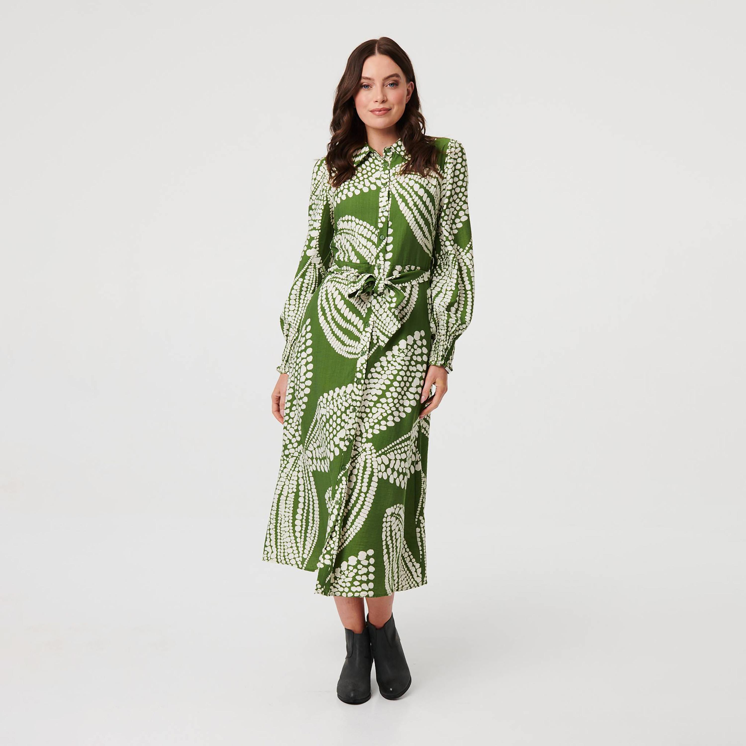 Izabel London Green Printed Collared Bishop Sleeves Women's Midi Shirt Dress-women-clothing-dresses-image-1