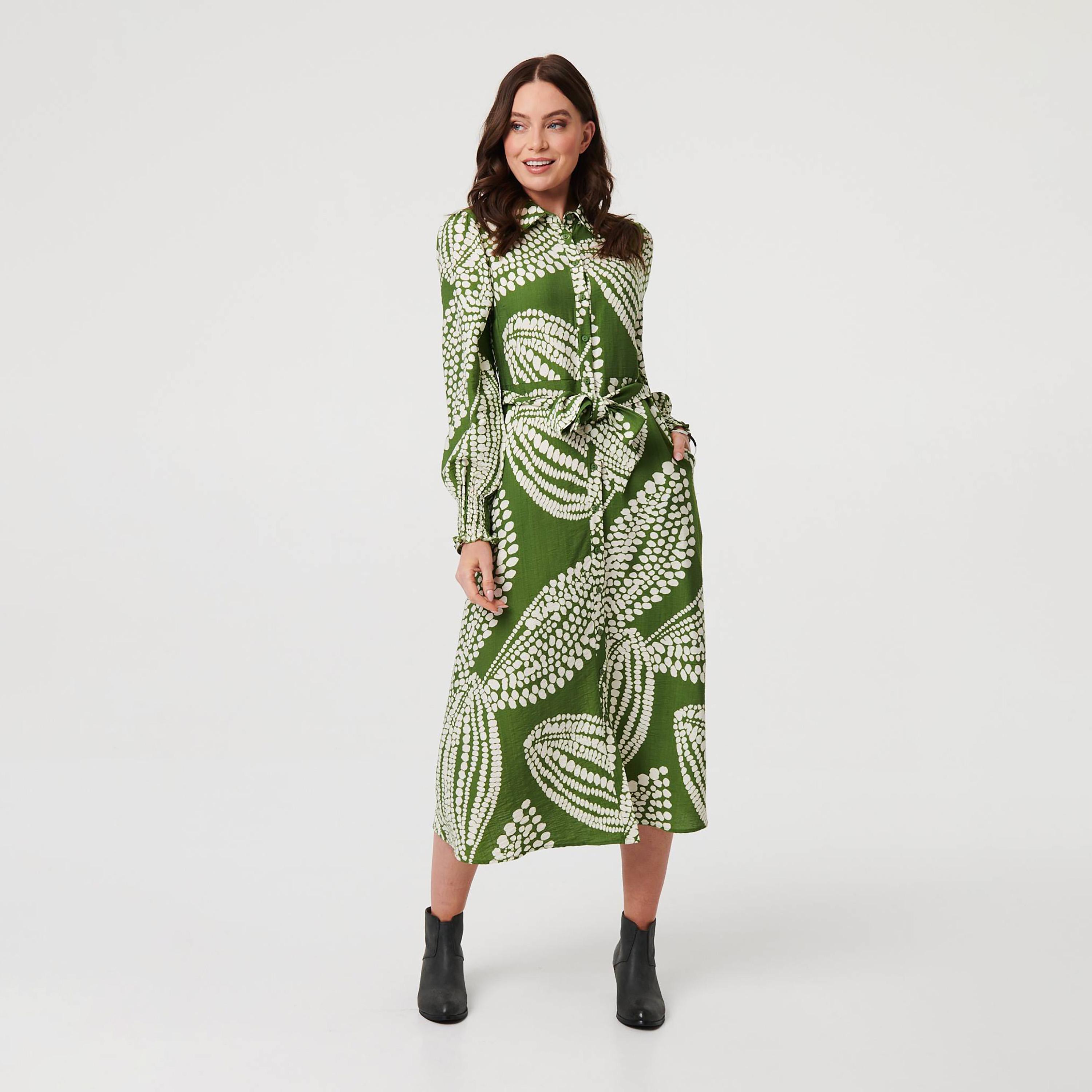 Izabel London Green Printed Collared Bishop Sleeves Women's Midi Shirt Dress-women-clothing-dresses-image-3