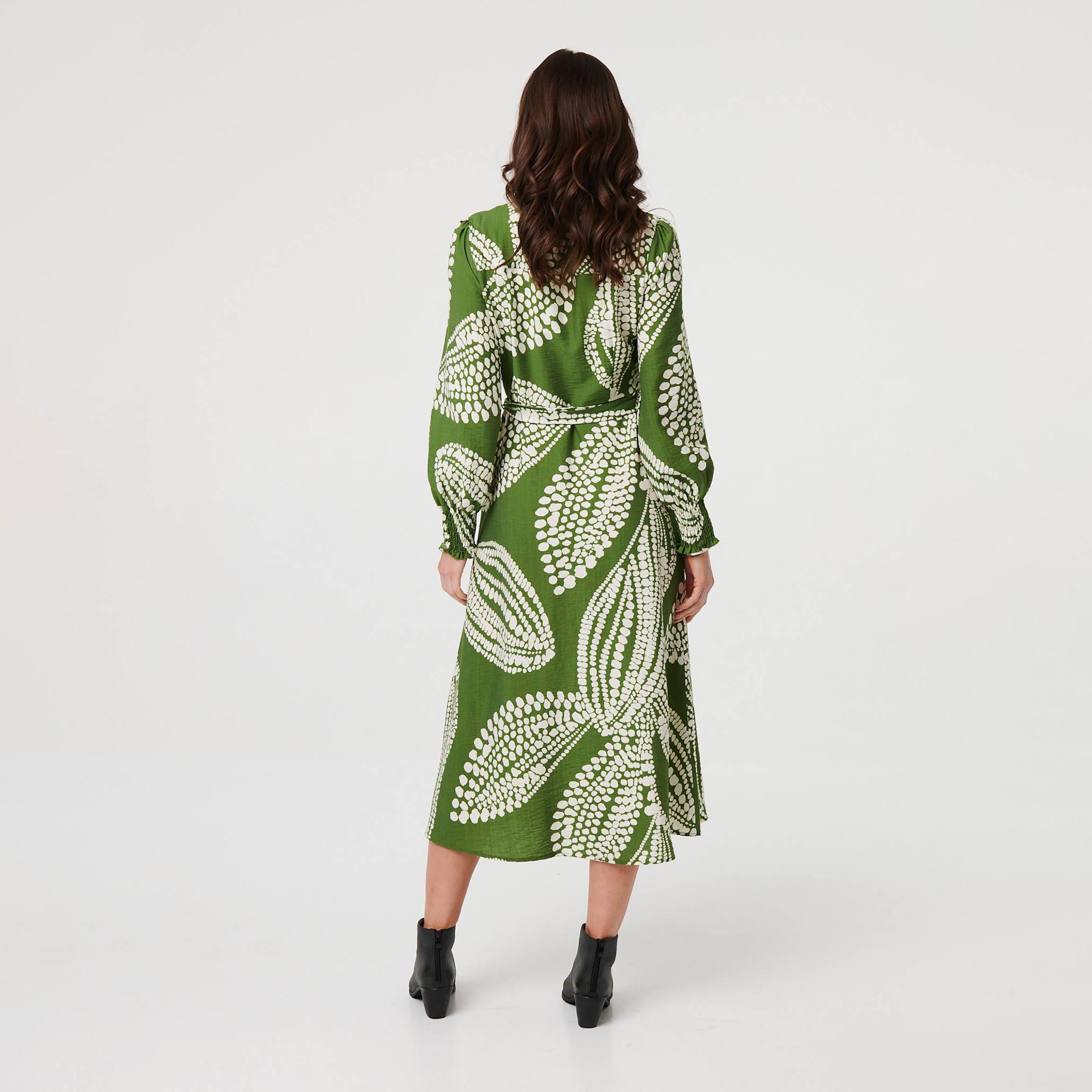 Izabel London Green Printed Collared Bishop Sleeves Women's Midi Shirt Dress-women-clothing-dresses-image-4