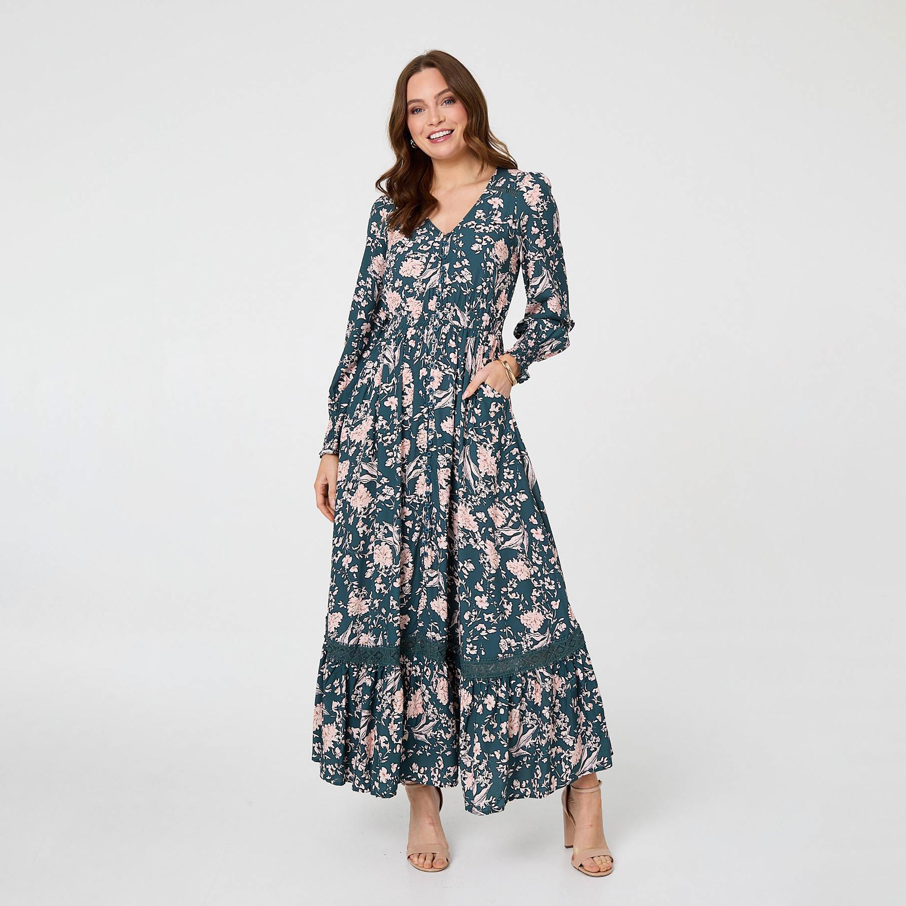 Izabel London Teal Floral Print Bishop Sleeves Tiered Women's Maxi Dress-women-clothing-dresses-image-1