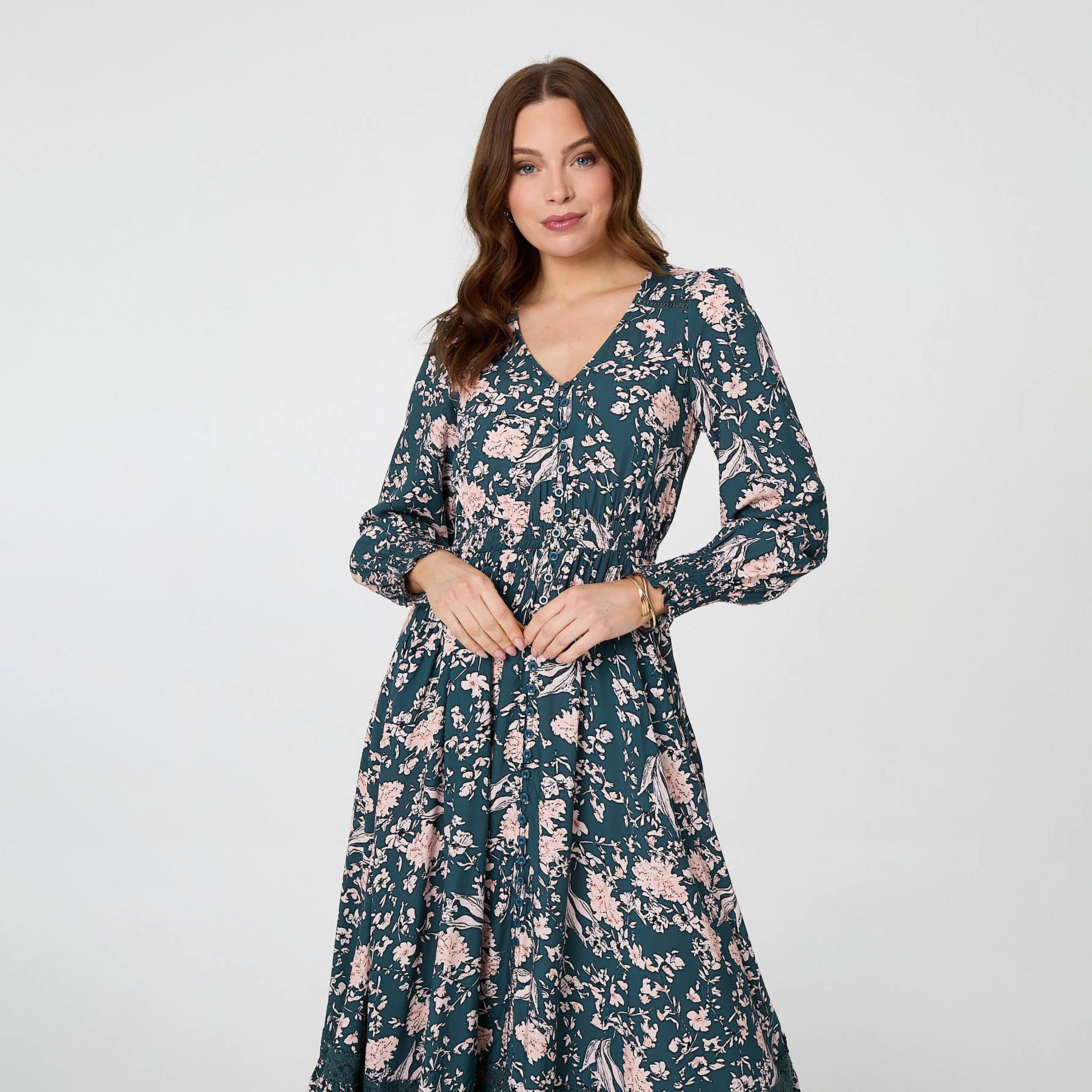 Izabel London Teal Floral Print Bishop Sleeves Tiered Women's Maxi Dress-women-clothing-dresses-image-2