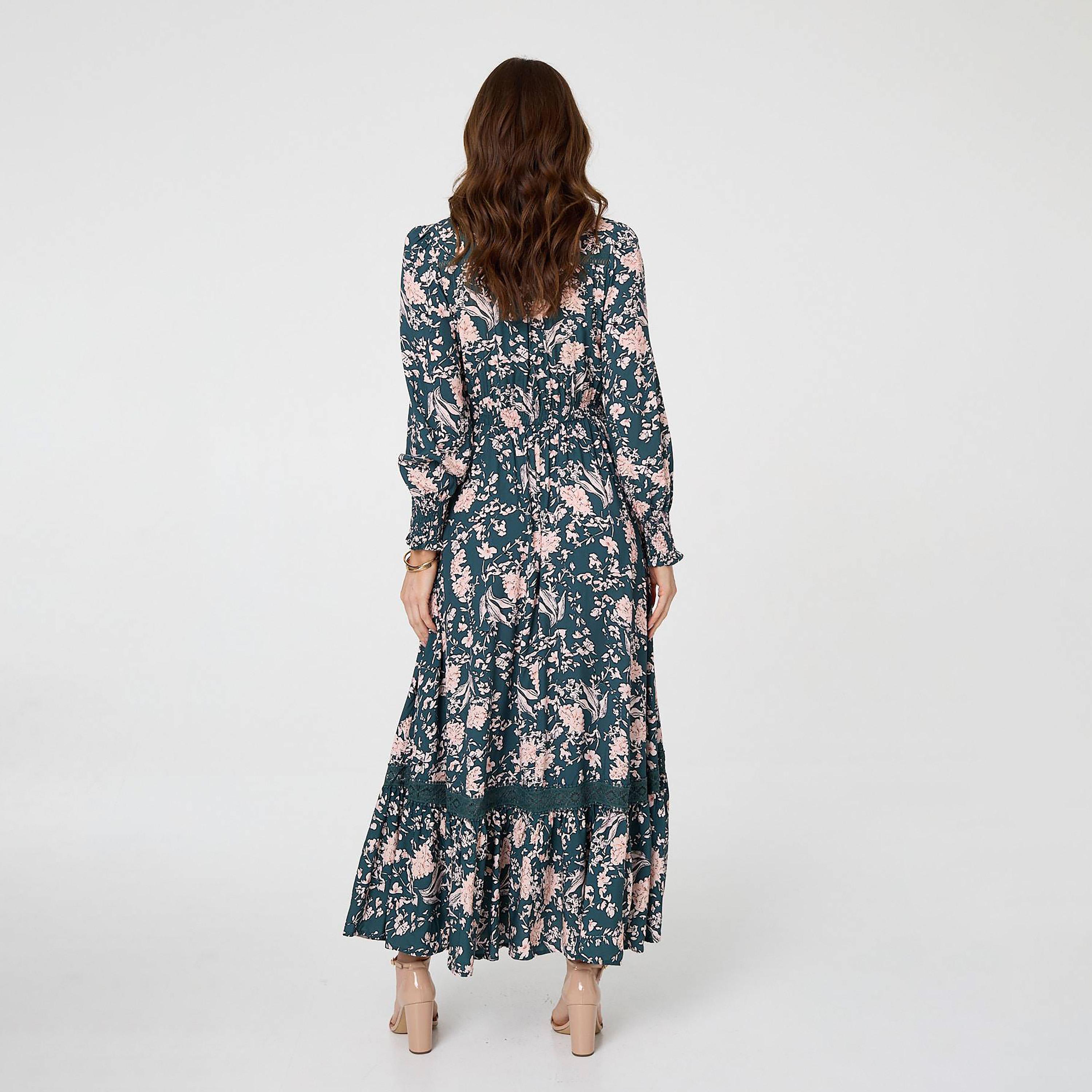 Izabel London Teal Floral Print Bishop Sleeves Tiered Women's Maxi Dress-women-clothing-dresses-image-3