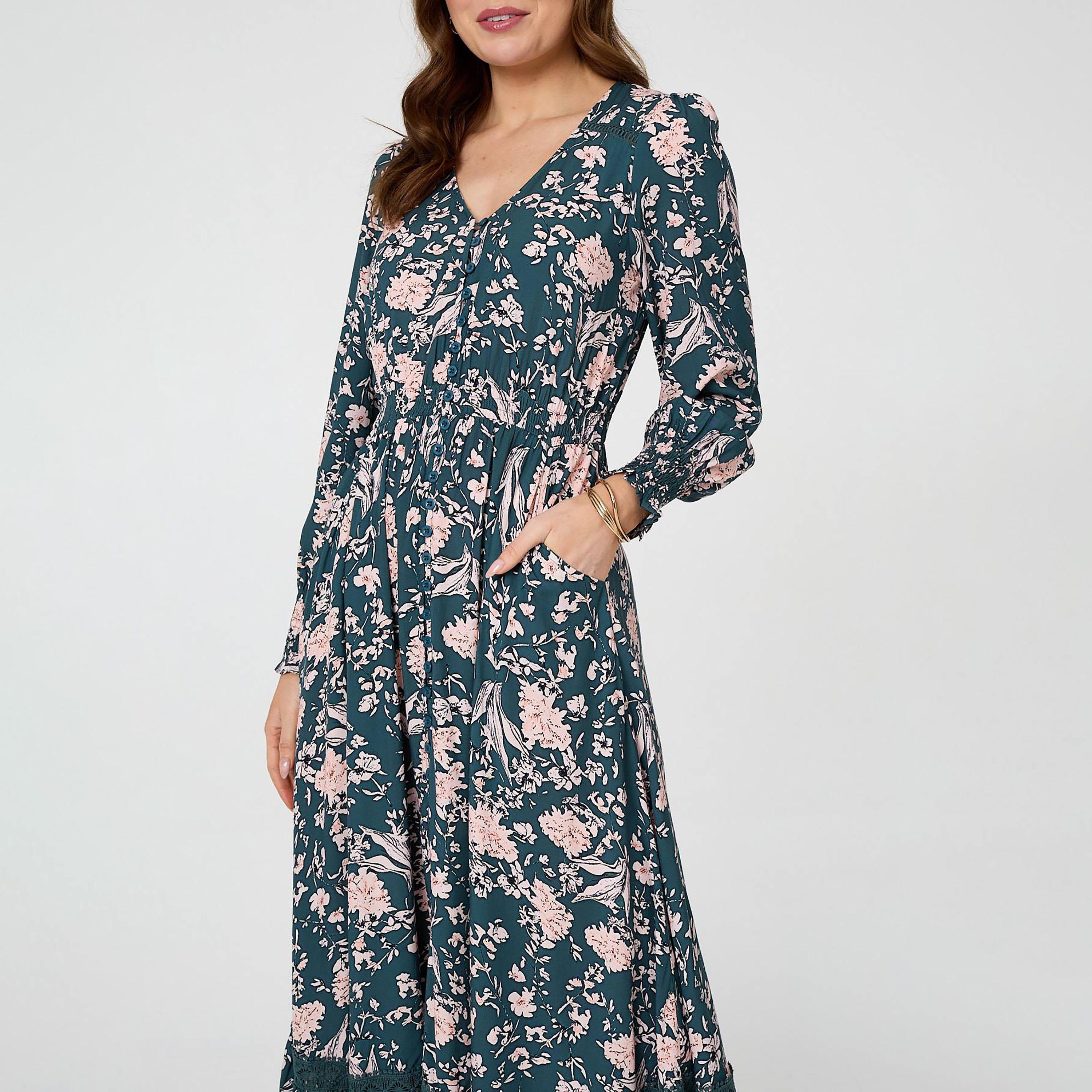 Izabel London Teal Floral Print Bishop Sleeves Tiered Women's Maxi Dress-women-clothing-dresses-image-4
