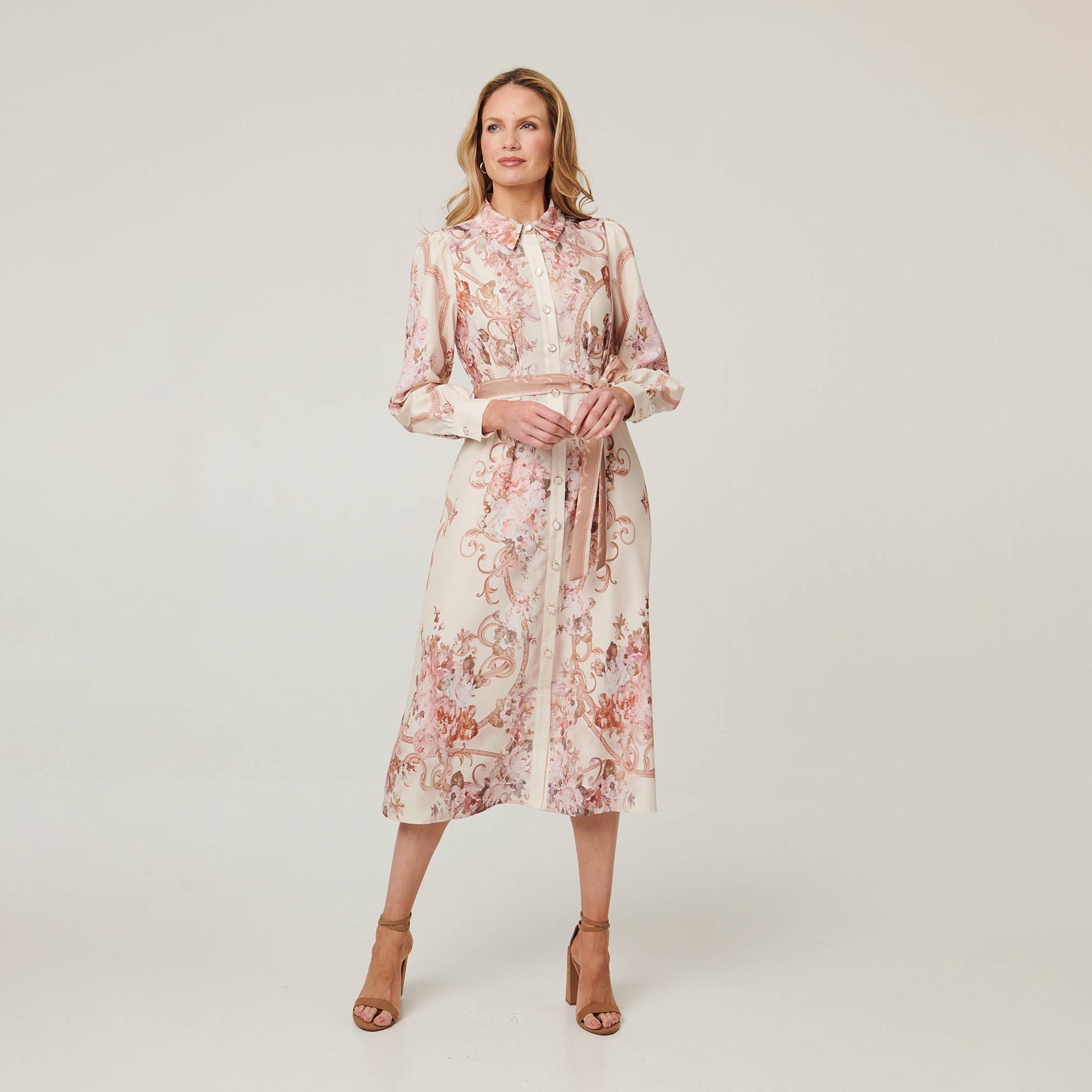 Izabel London Beige Floral Print Collared Women's Midi Shirt Dress-women-clothing-dresses-image-1