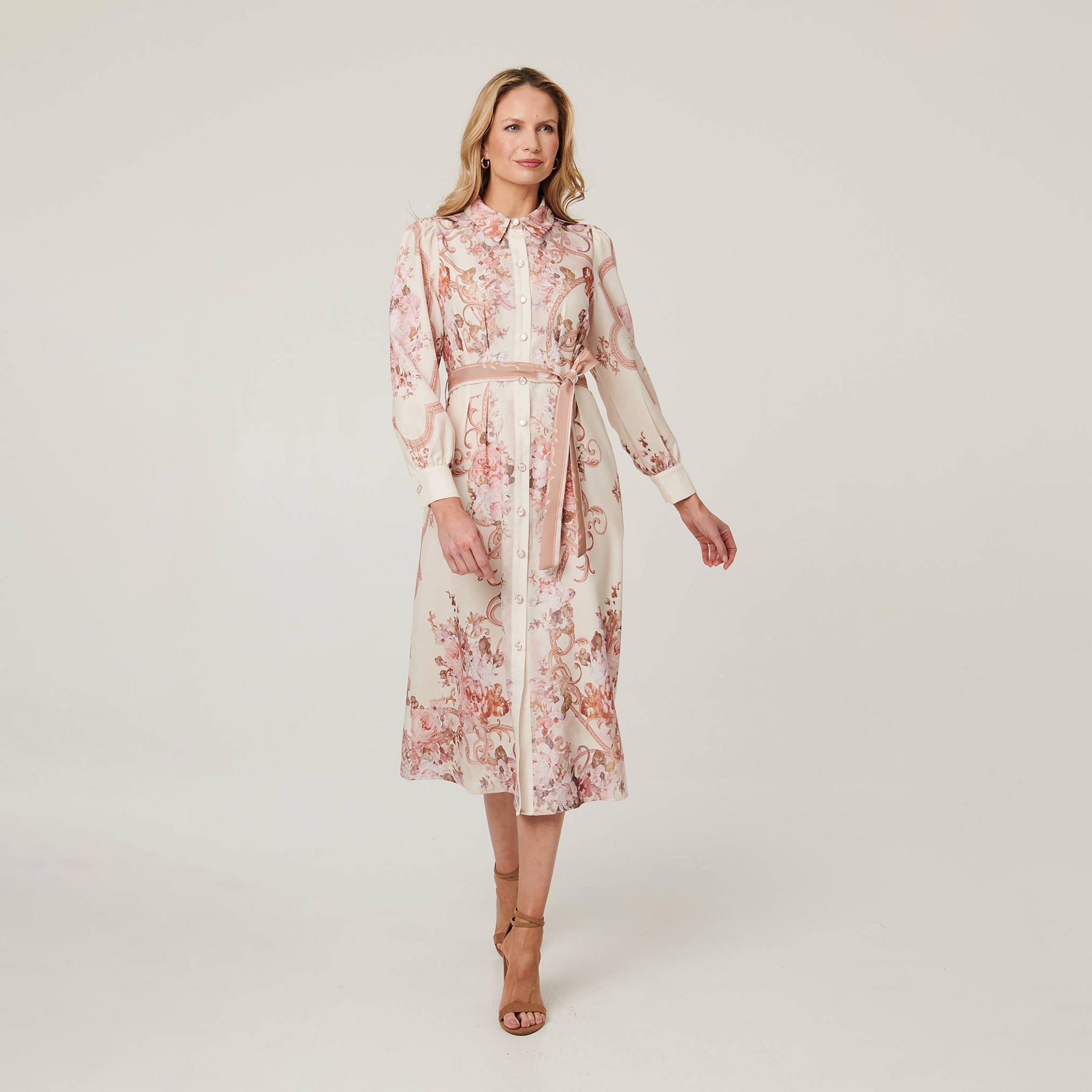Izabel London Beige Floral Print Collared Women's Midi Shirt Dress-women-clothing-dresses-image-3