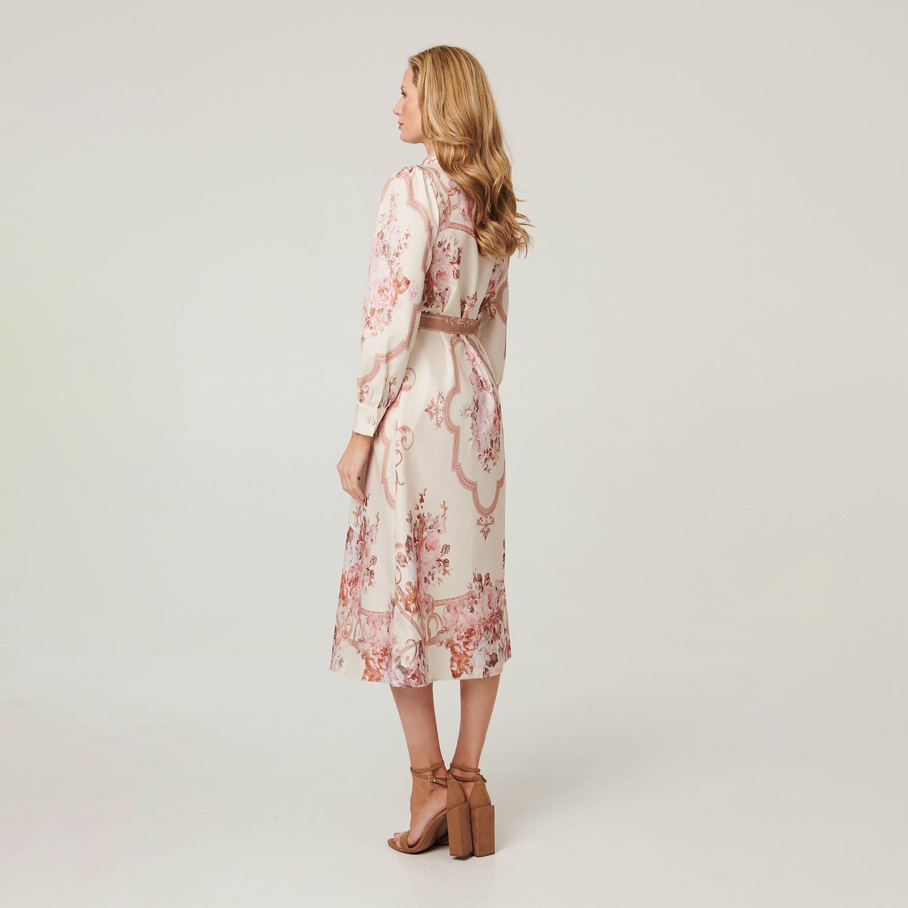 Izabel London Beige Floral Print Collared Women's Midi Shirt Dress-women-clothing-dresses-image-4